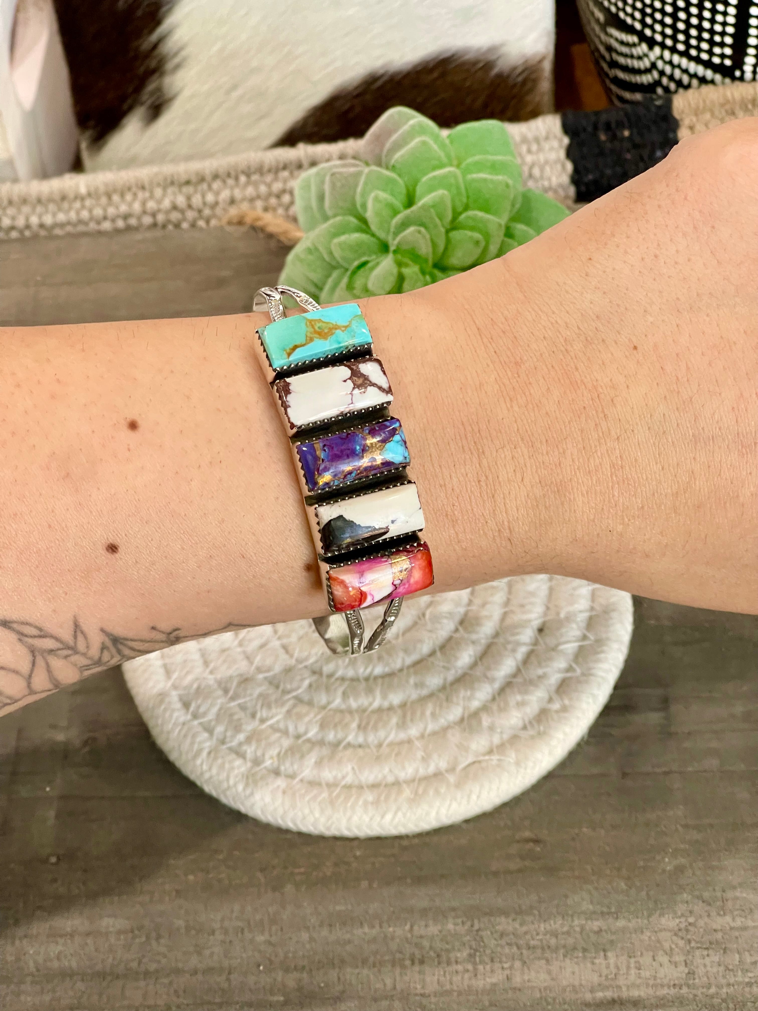 Beautiful Handmade Sterling Silver Multi Stone Cuff