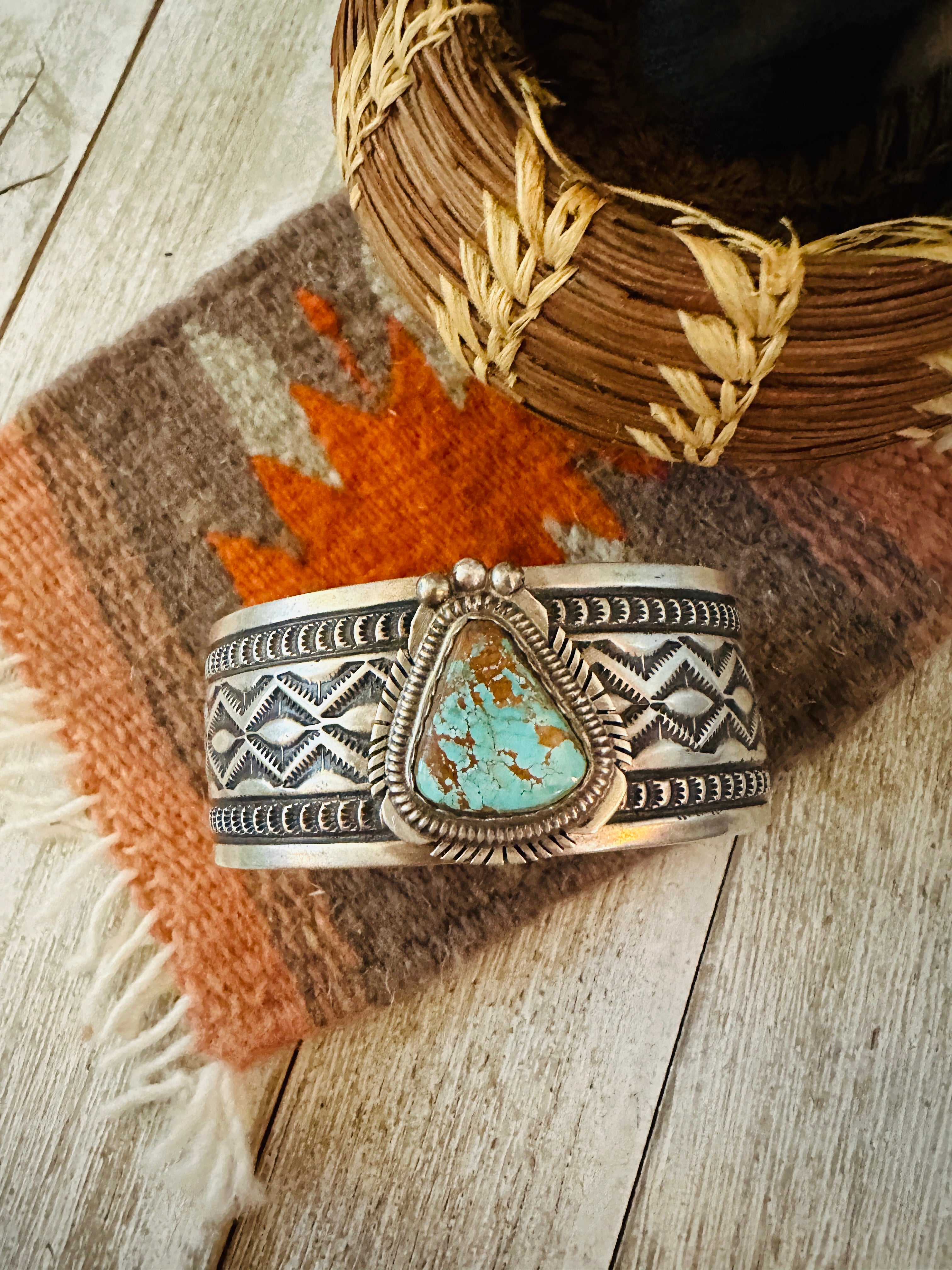 Handcrafted Turquoise & Sterling Silver Cuff Bracelet by Leonard Maloney