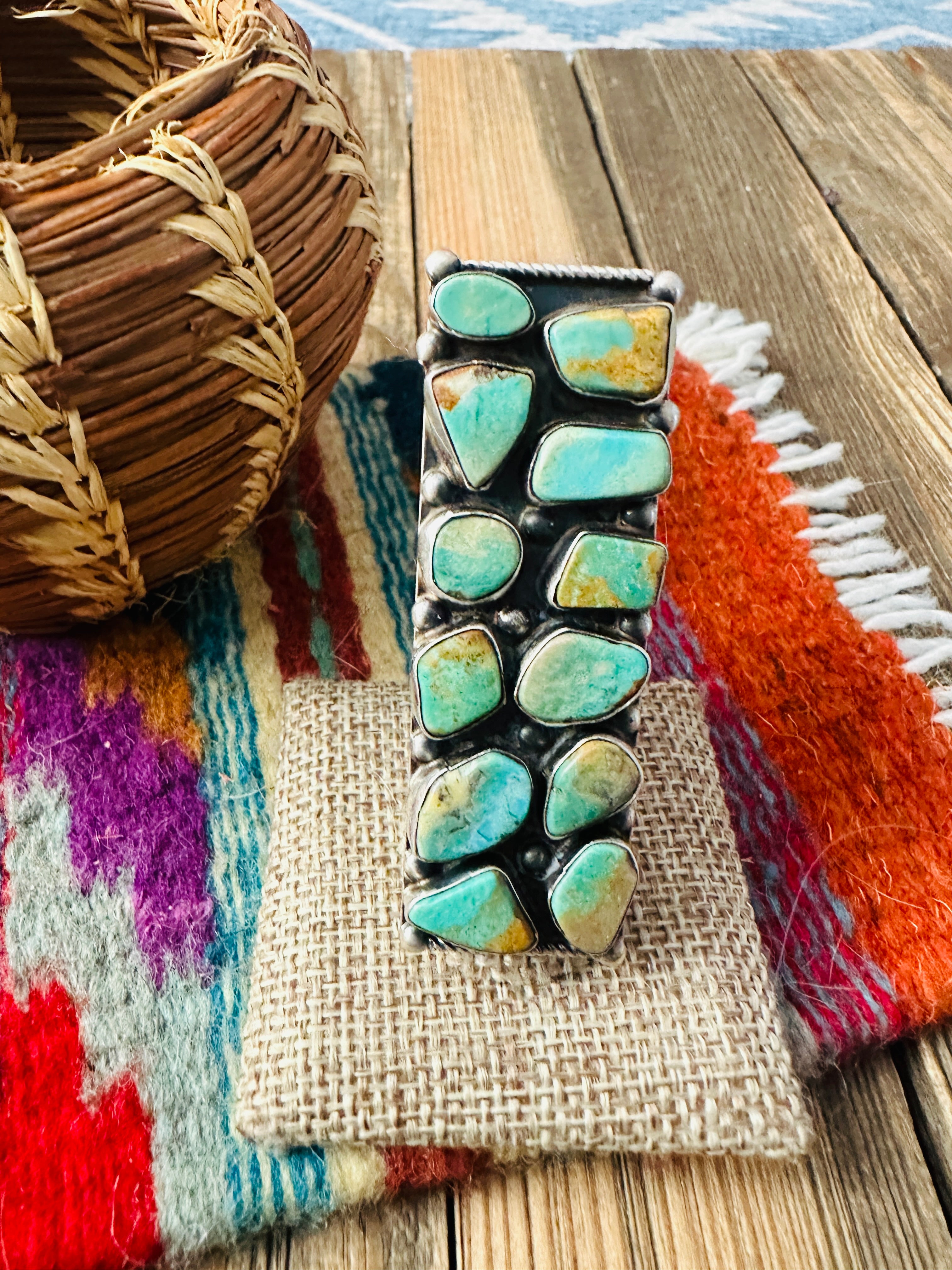 Handcrafted Royston Turquoise Sterling Silver Cluster Adjustable Ring by Jacqueline Silver