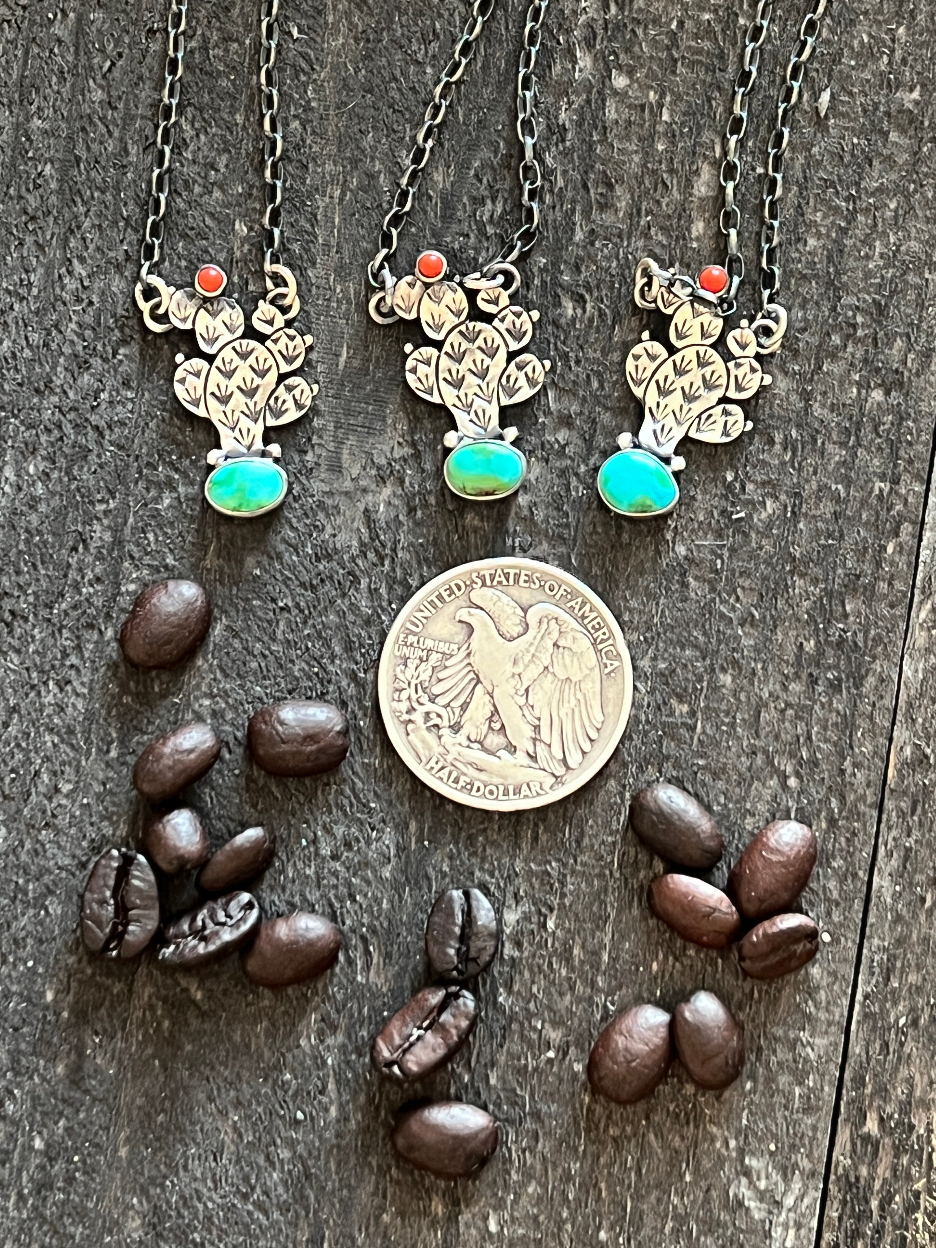 Handcrafted Petite Sterling Silver, Turquoise and Coral Cactus Link Chain Necklace, 16” + 1.5”