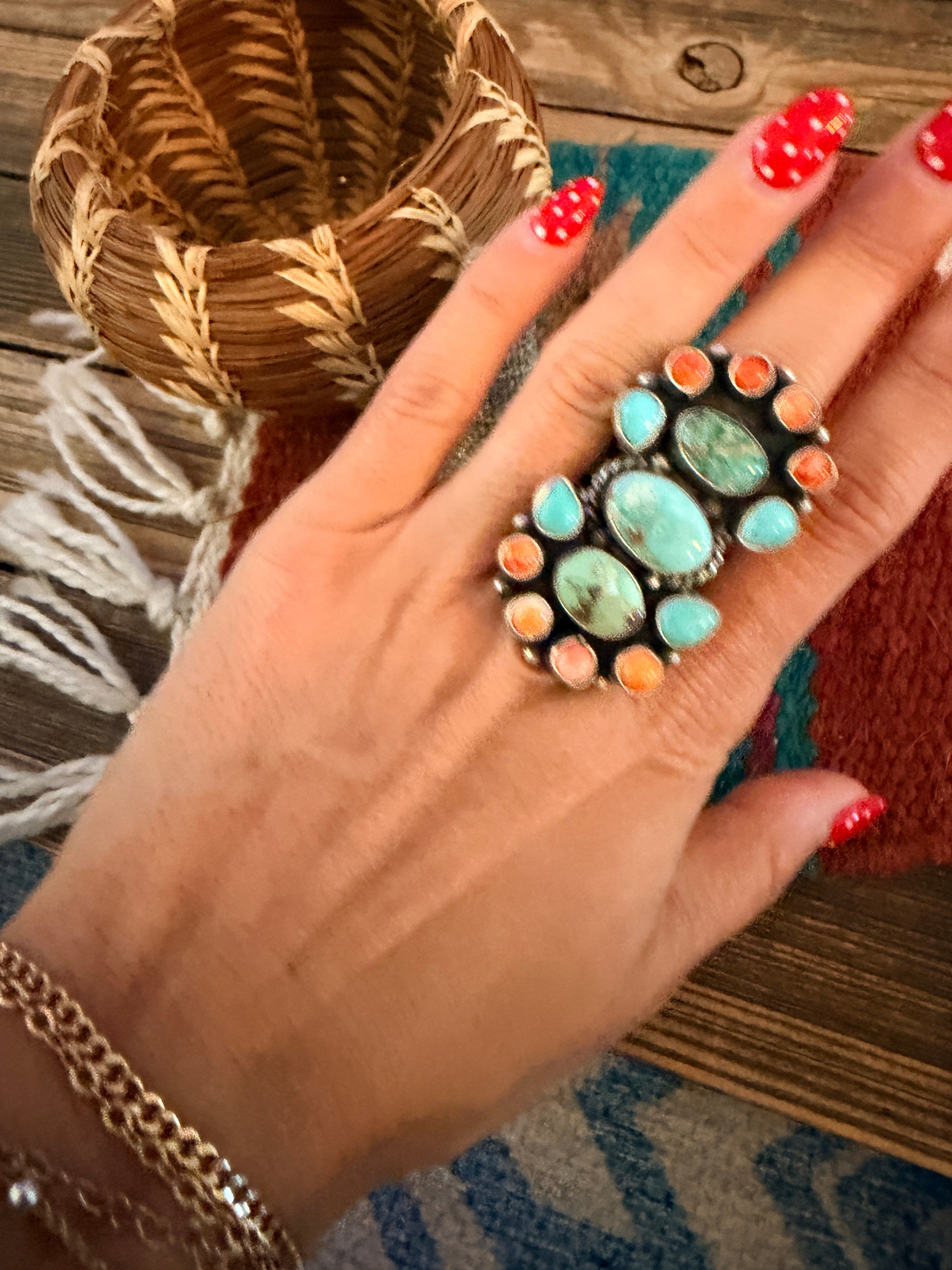 Handcrafted Spiny Oyster, Turquoise & Sterling Silver Cluster Ring by Sheila Becenti Size 9.5