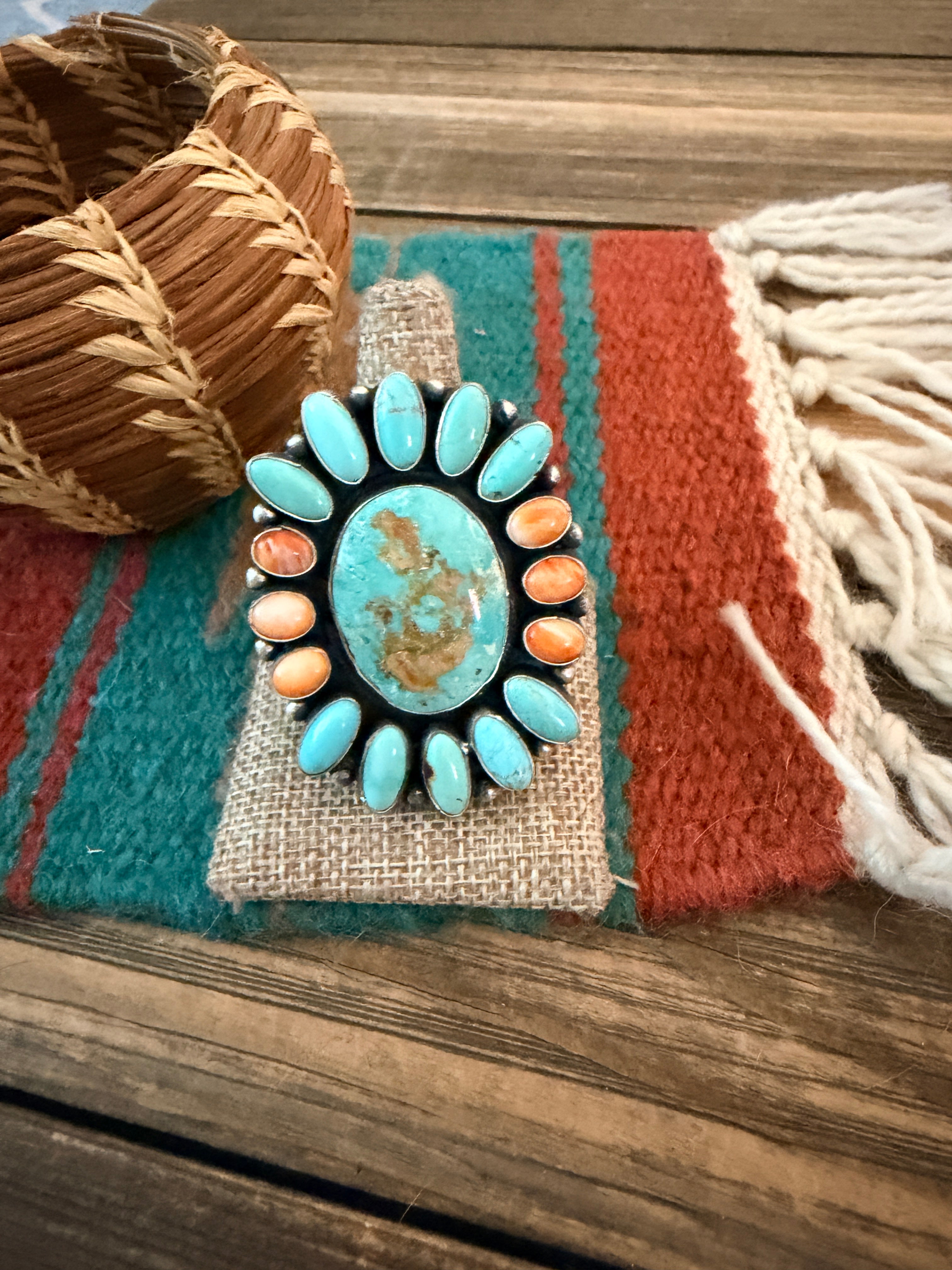 Handcrafted Spiny Oyster, Turquoise & Sterling Silver Cluster Ring by Sheila Becenti Size 10