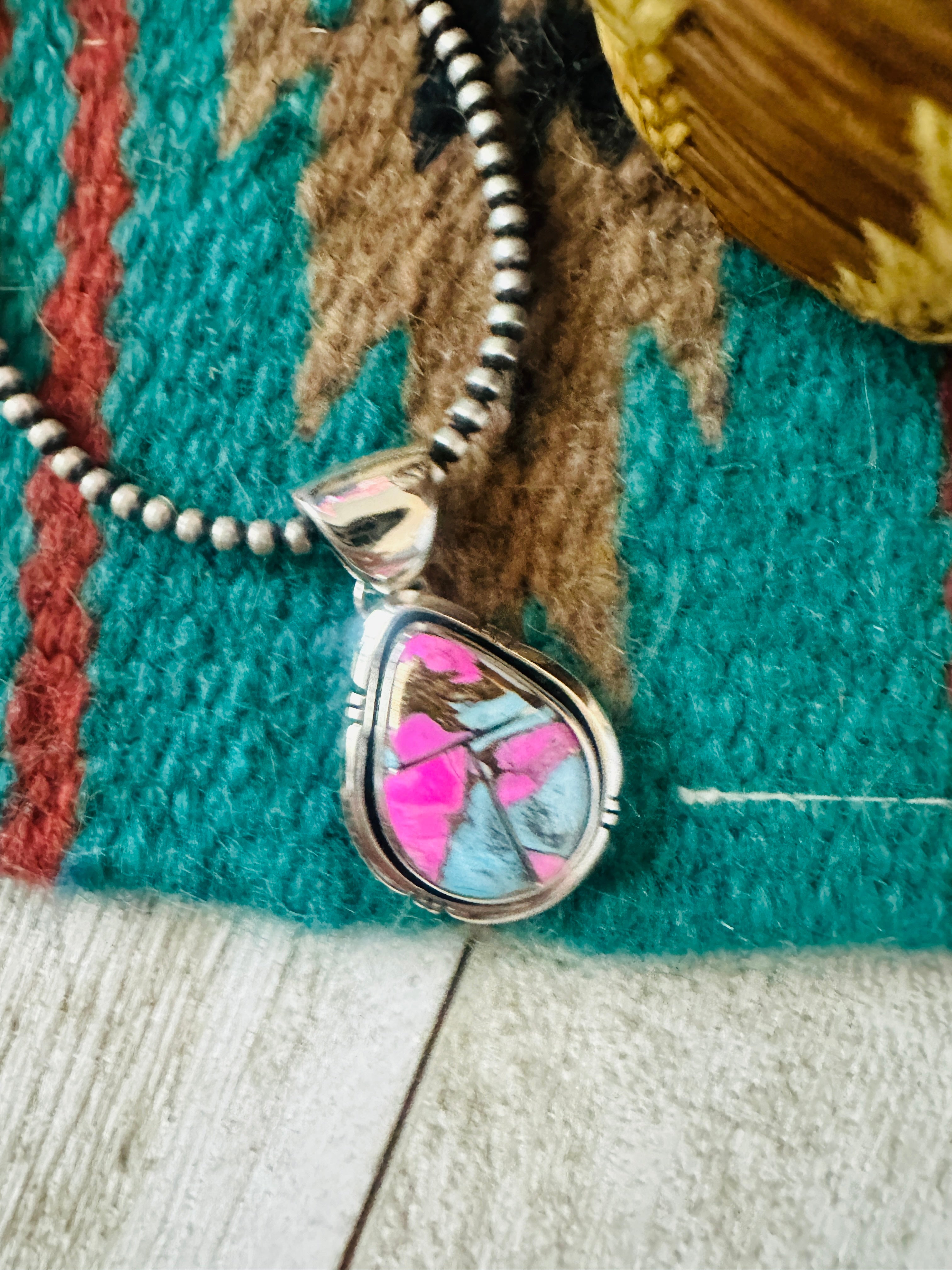 Handcrafted Cotton Candy & Sterling Silver Inlay Teardrop Pendant