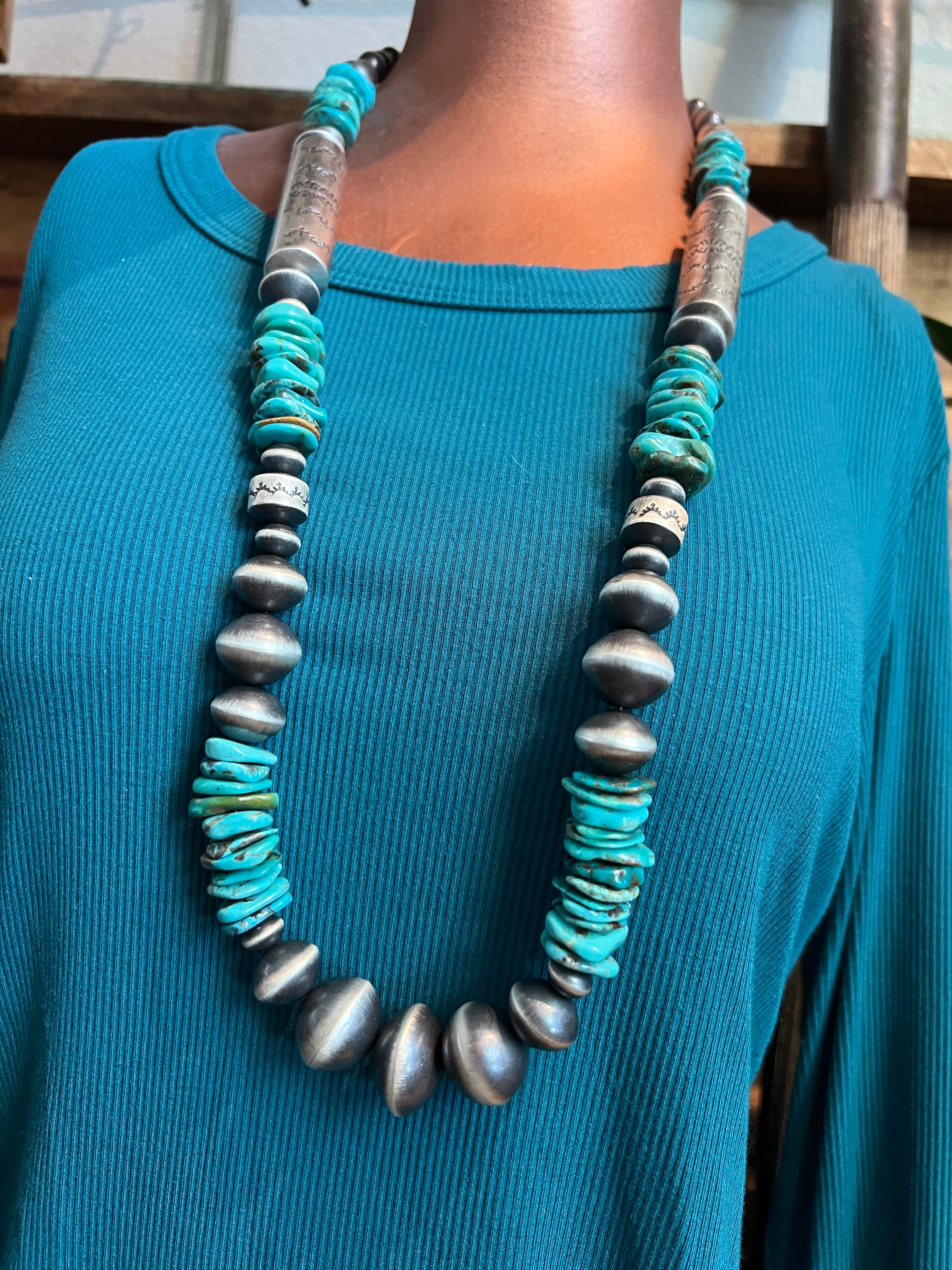 Handcrafted Sterling Silver and Kingman Turquoise Beaded Necklace by Rose Martin, 31 + 1-1/2 inches