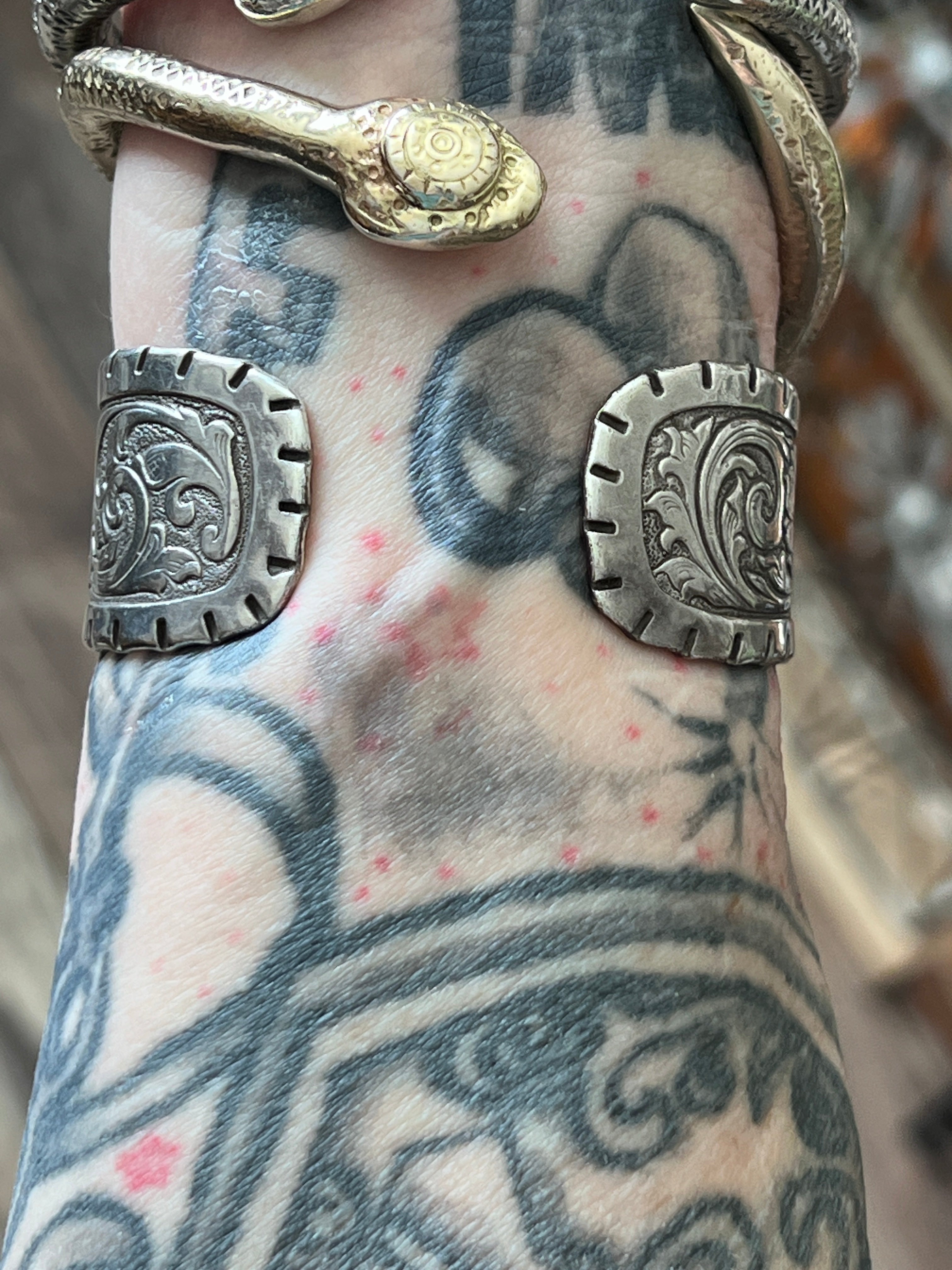 Old Pawn Tooled “Don’t Fence Me In” Sterling Silver Cuff Bracelet by Kit Carson