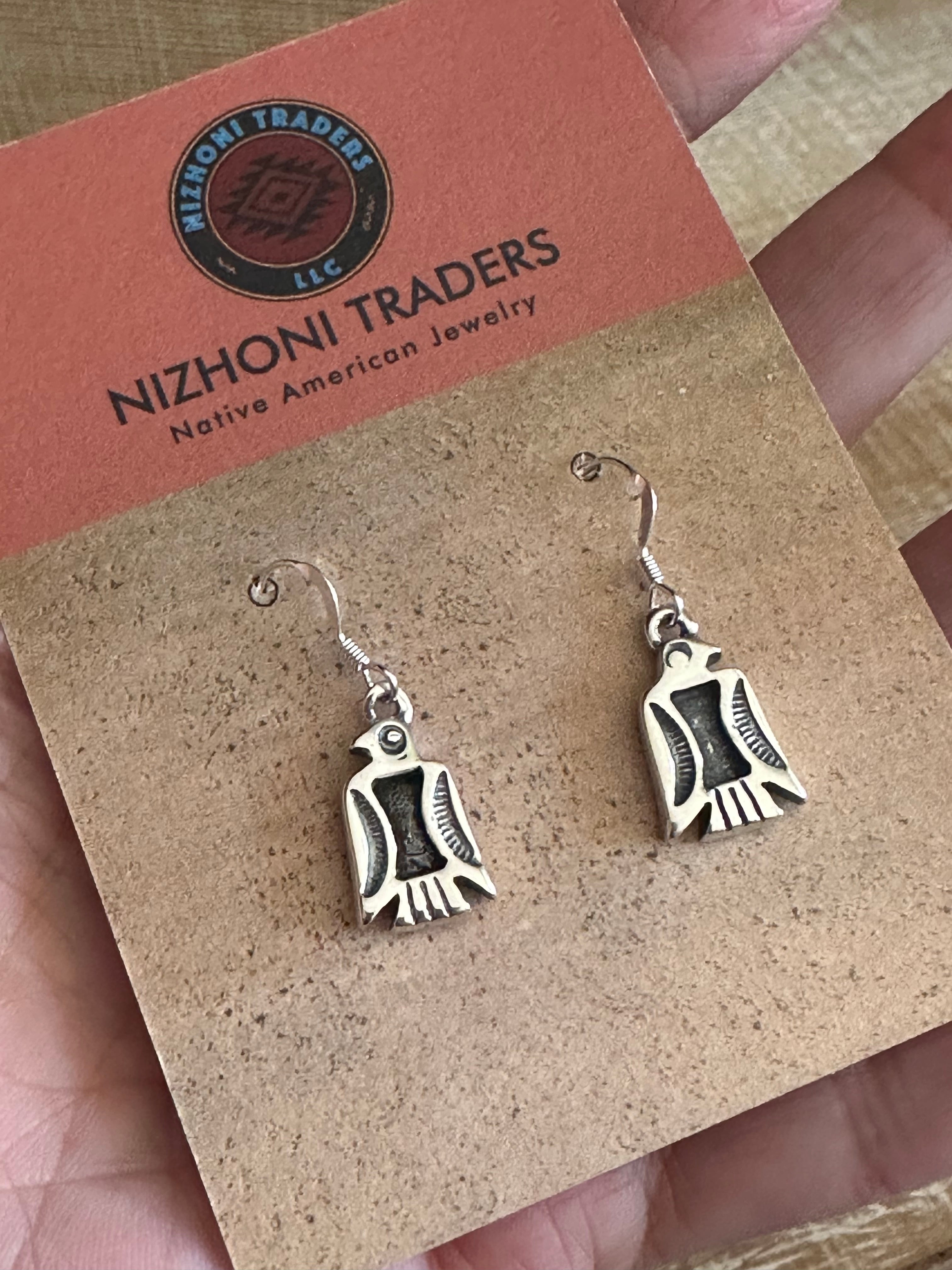 Hand Stamped Sterling Silver Thunderbird Dangle Earrings