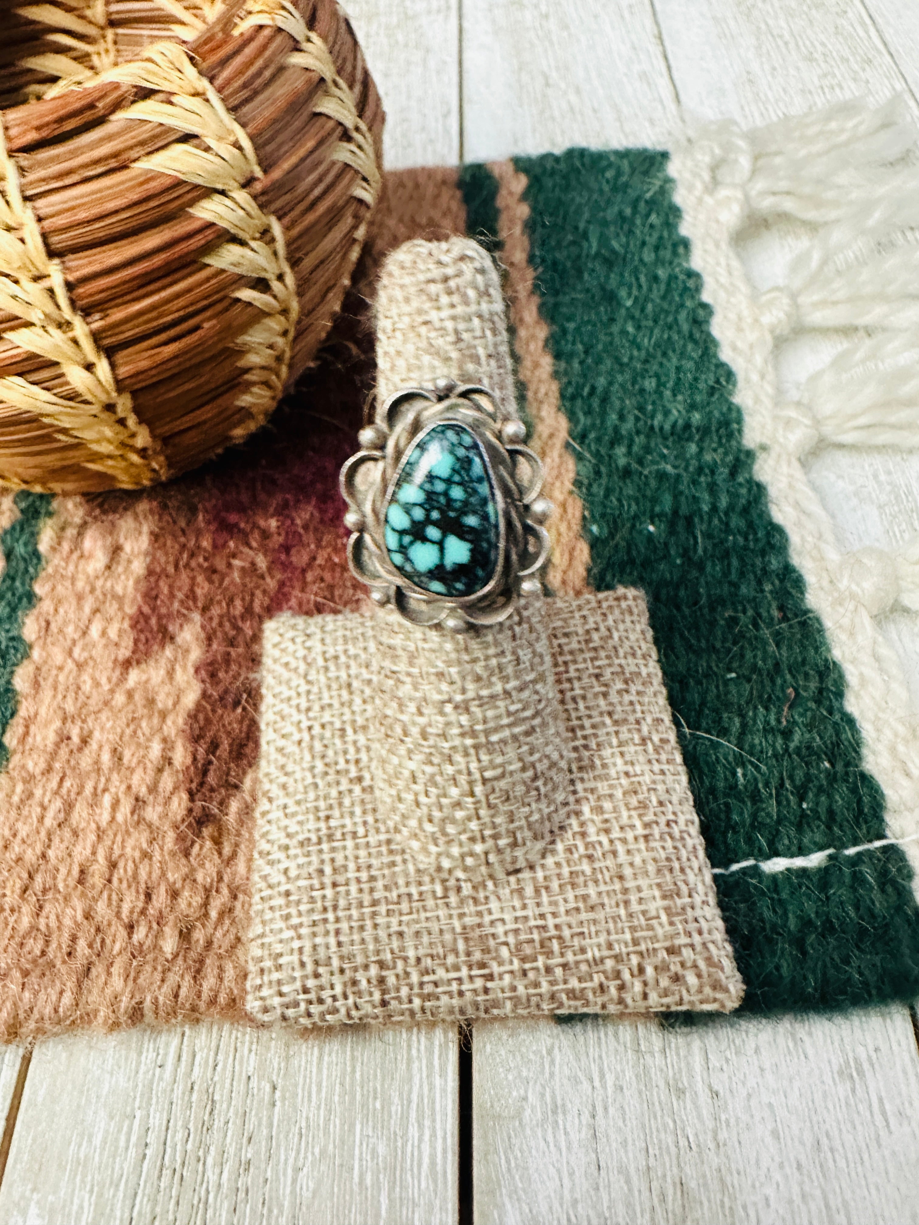 Old Pawn Handcrafted Kingman Web Turquoise & Sterling Silver Ring Size 5.75