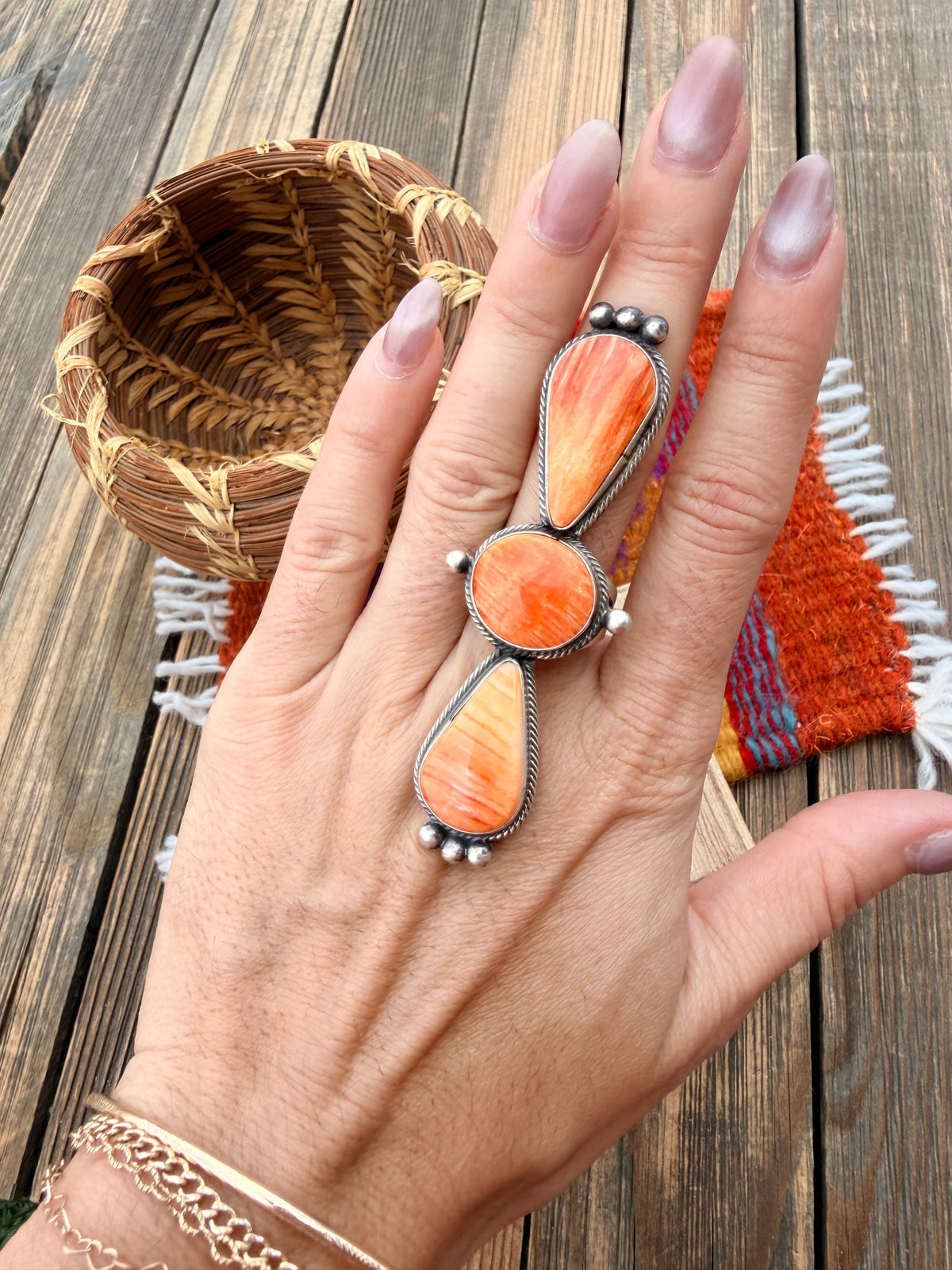 Handcrafted Spiny Oyster & Sterling Silver Cluster Ring Size 8