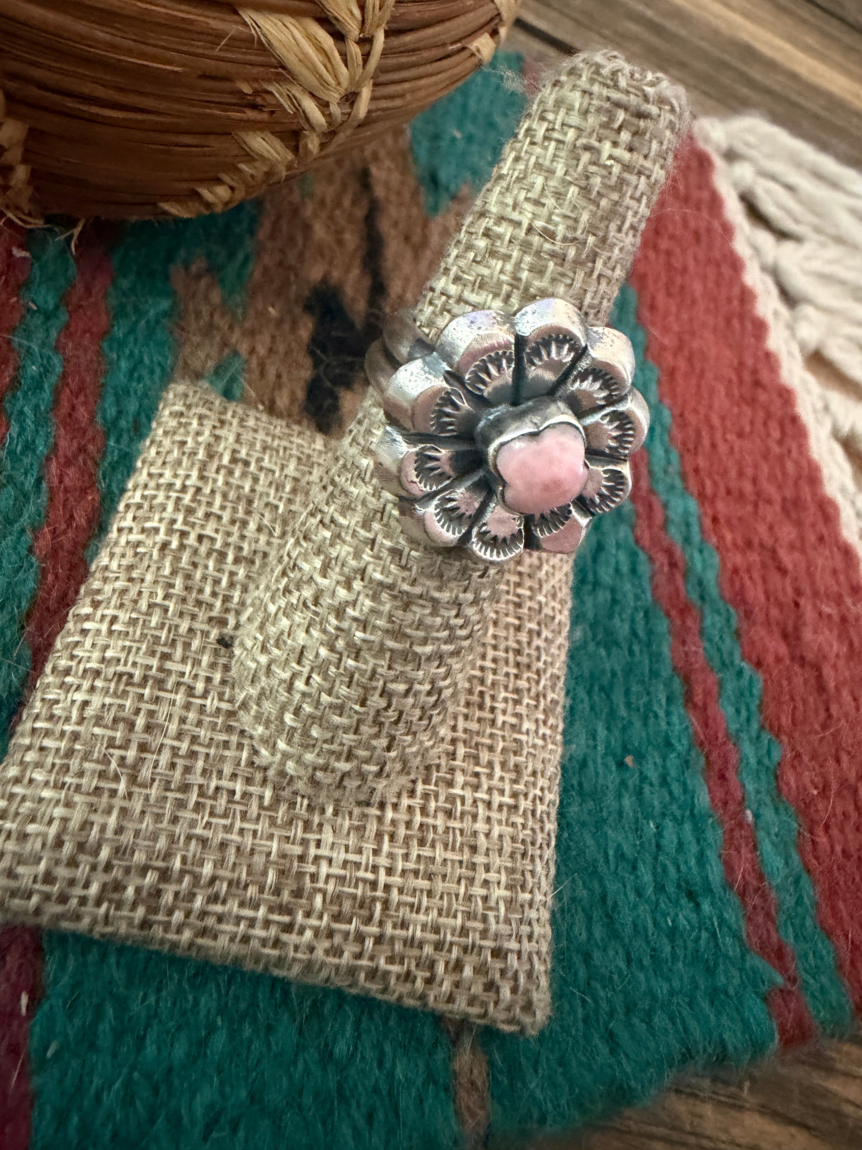 Handcrafted Queen Pink Conch and Sterling Silver Flower Ring size 6.75 by Chimney Butte