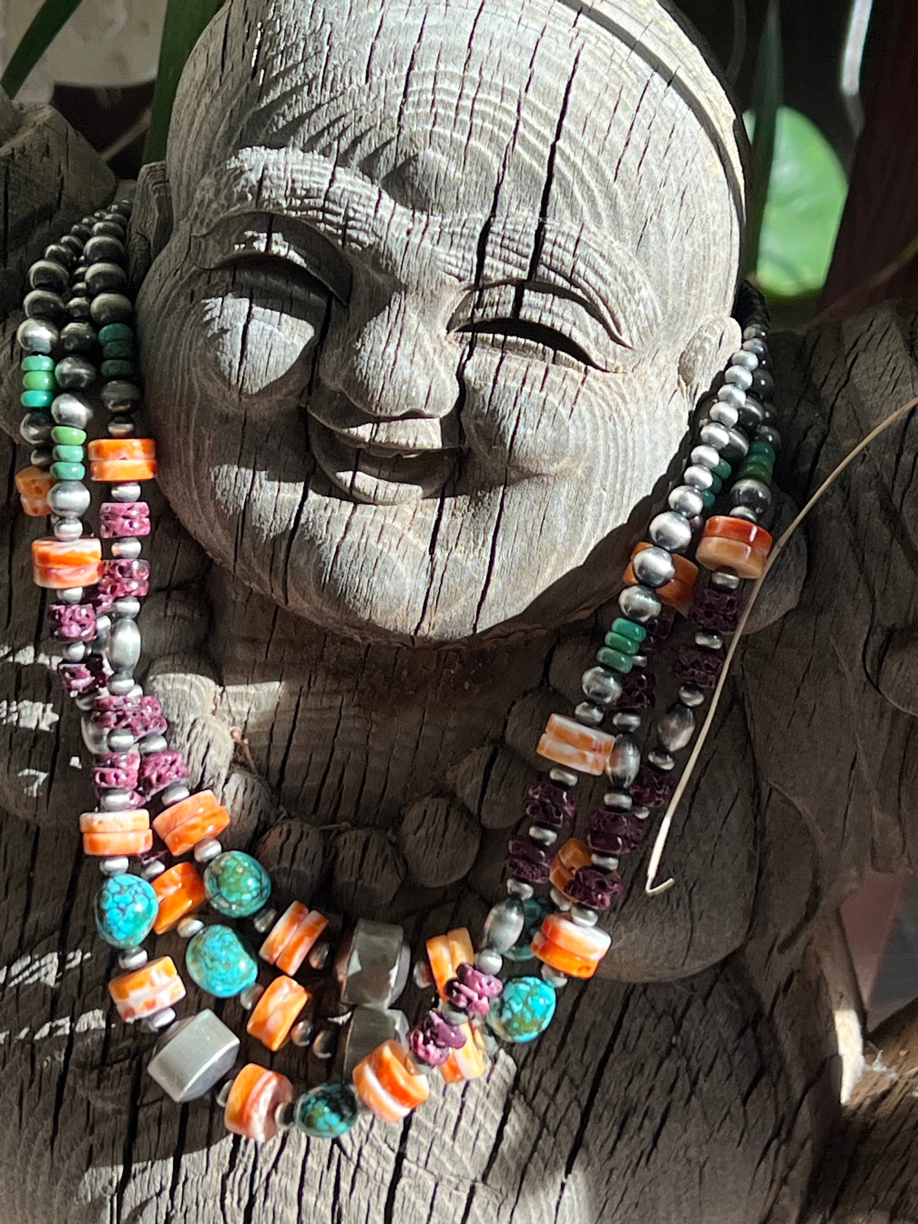 Handcrafted Sterling Silver, Kingman Turquoise and Spiny Oyster Shell Electric Rainbow Beaded Necklace, 16” + 2”