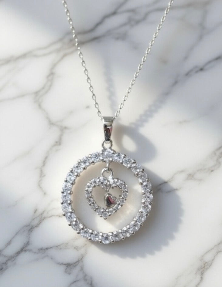 Sterling Silver CZ Circle Heart Pendant Necklace