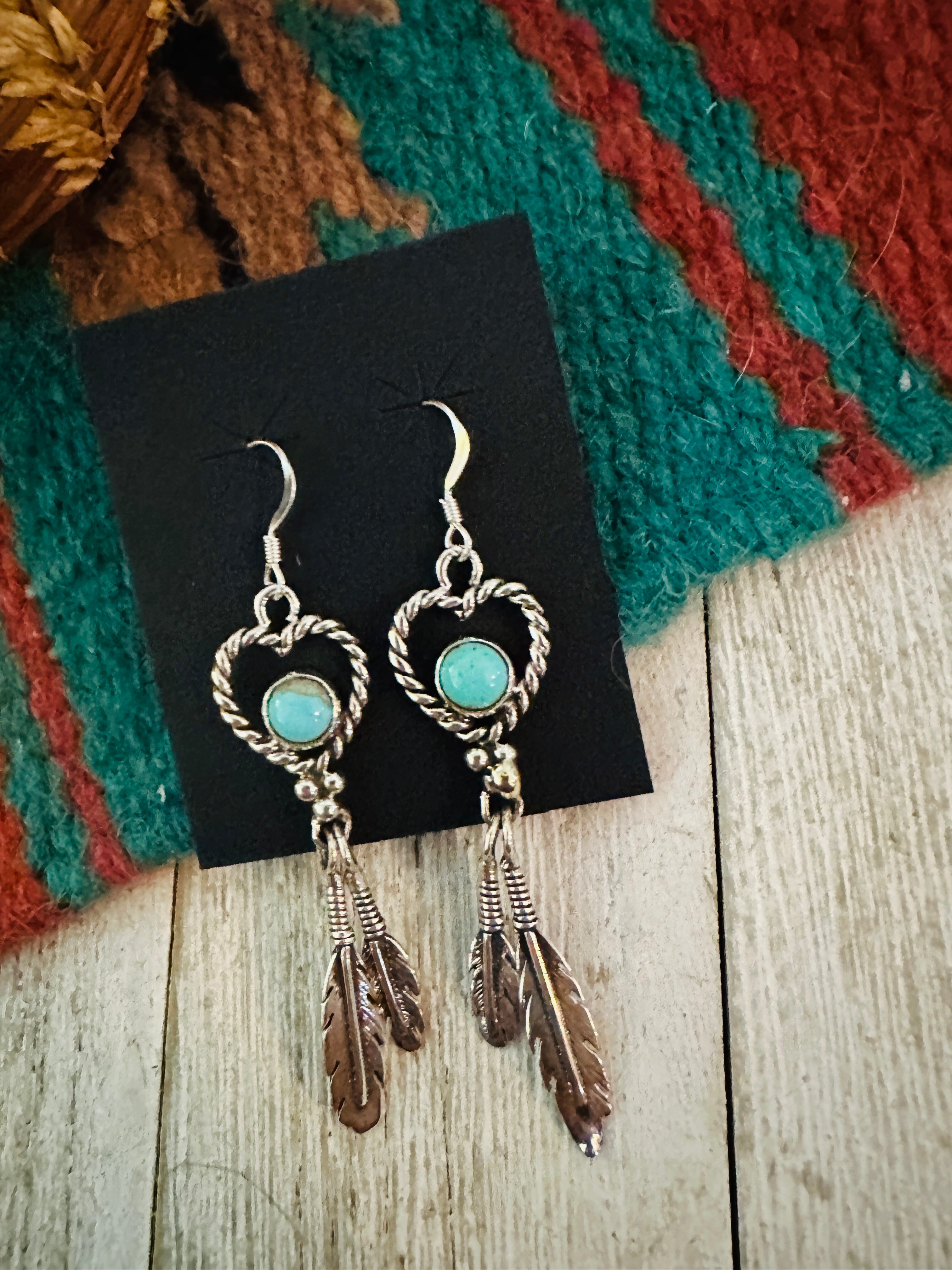 Handcrafted Turquoise & Sterling Silver Heart Feather Dangle Earrings