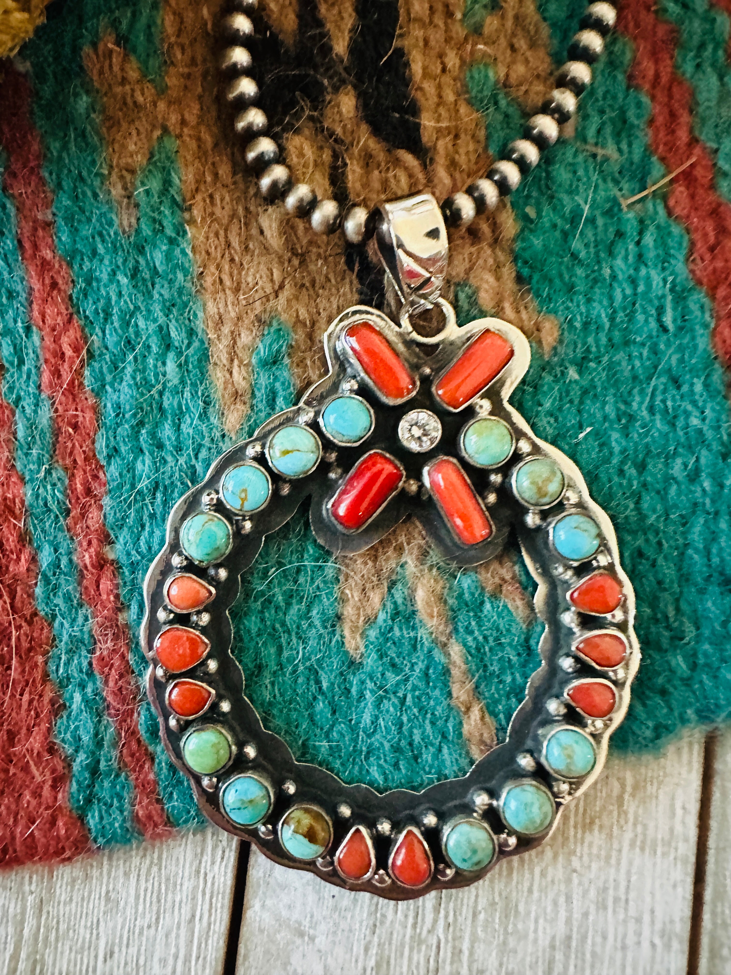 ** Christmas Collection ** Handmade Sterling Silver, Turquoise, Coral & CZ Wreath Pendant Signed Nizhoni