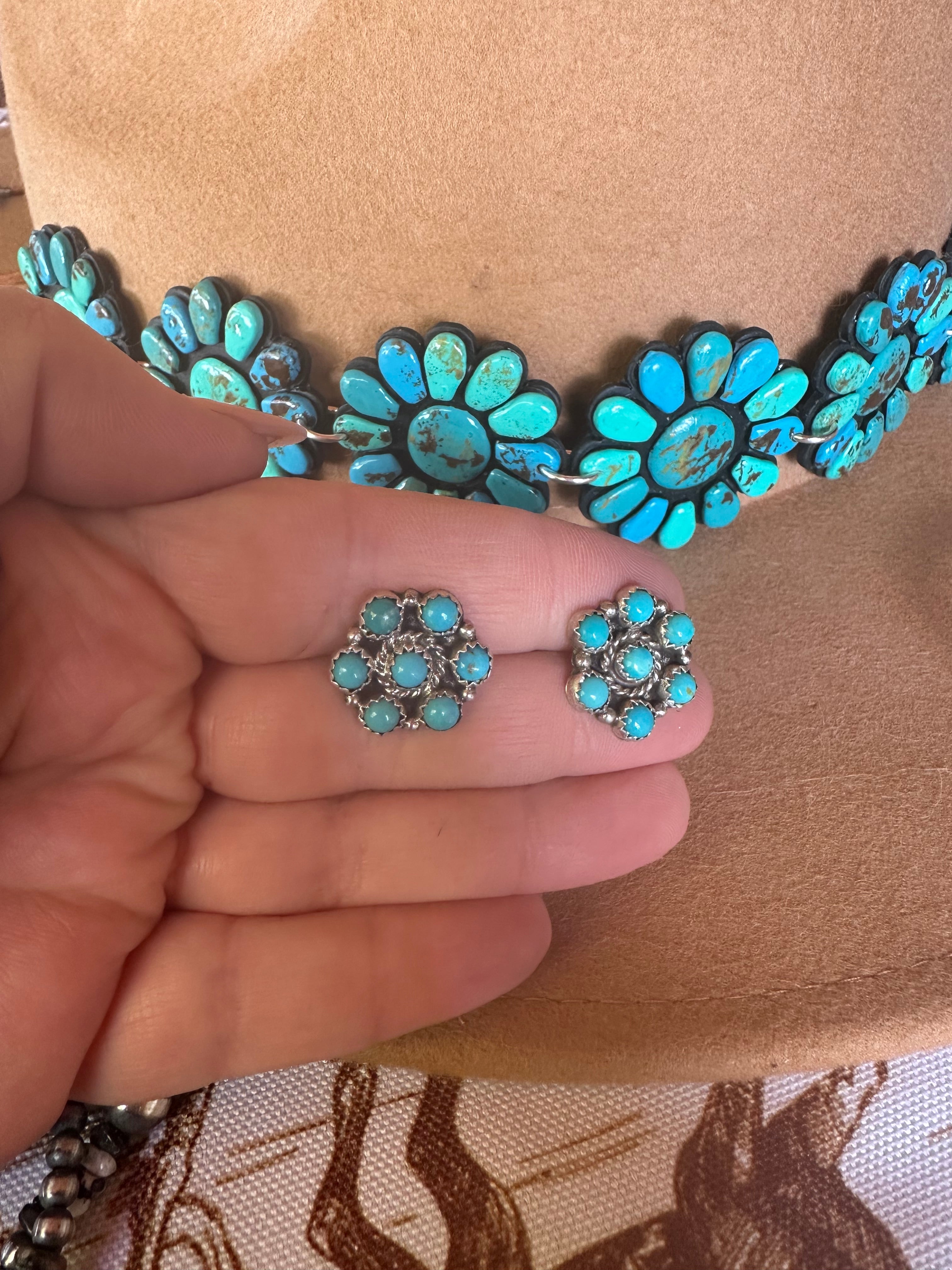 Handcrafted Turquoise And Sterling Silver 7 Stone Flower Post Earrings