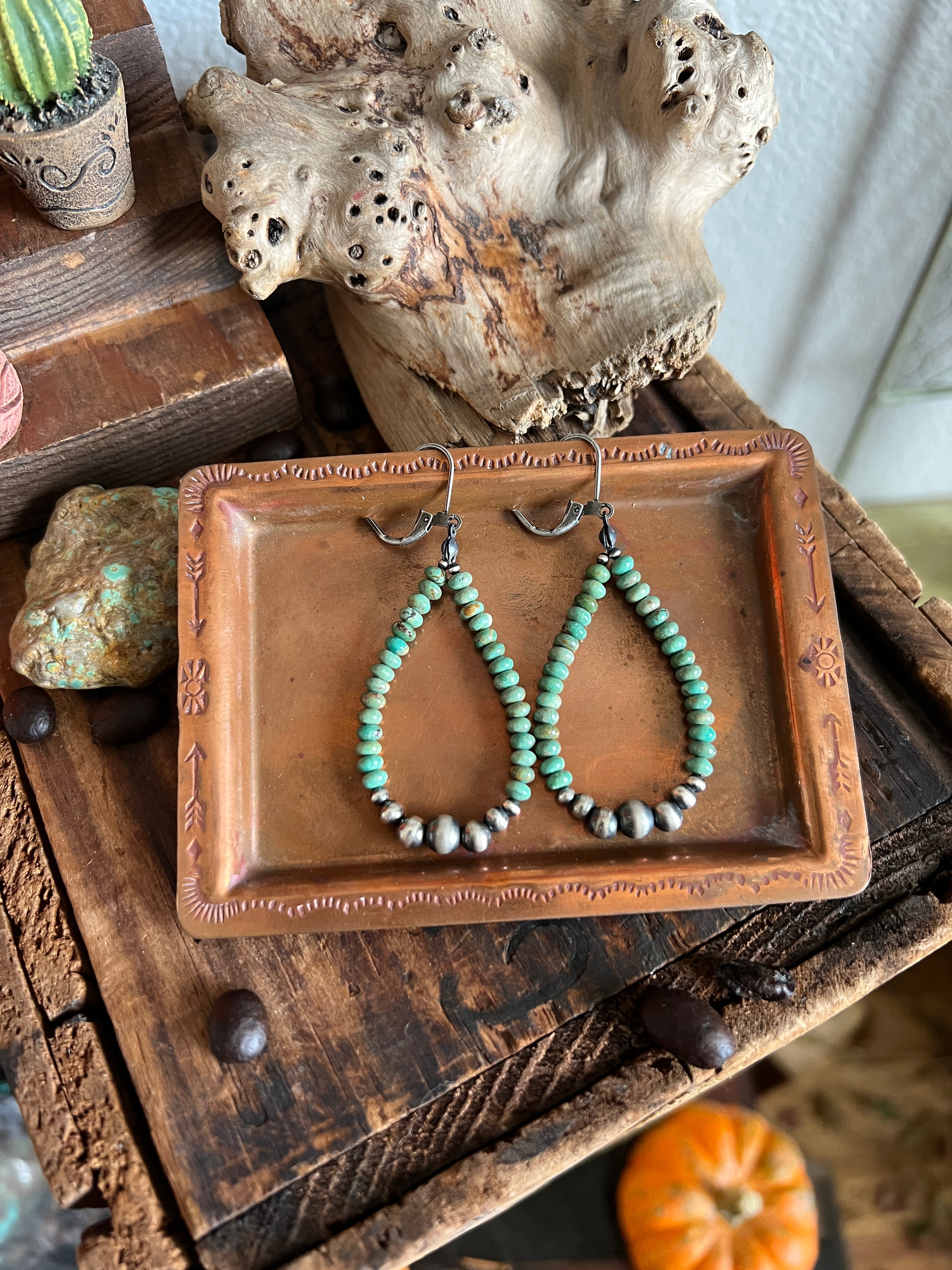 Handcrafted Sterling Silver and Turquoise Beaded Drop Hoop Earrings, Leverback