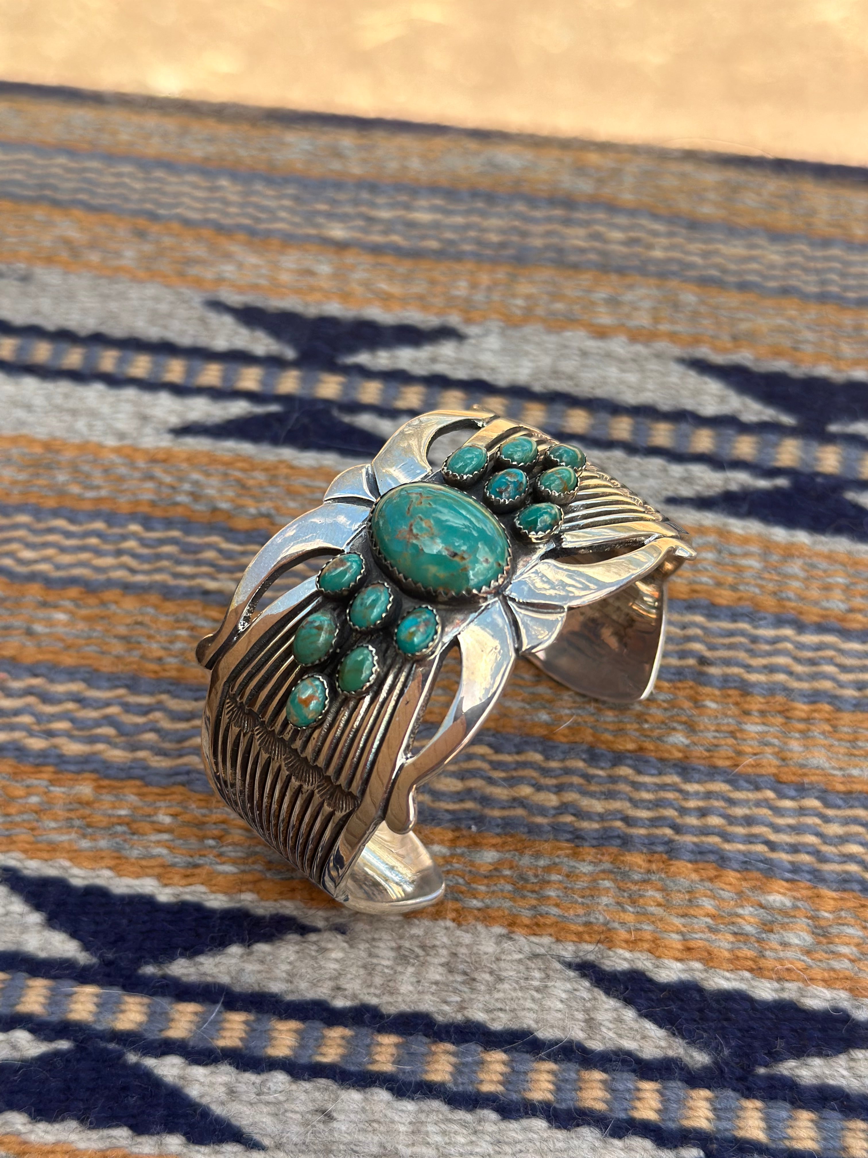 Handcrafted Old Pawn Rick Martinez Turquoise Cluster and Sterling Silver Cuff /