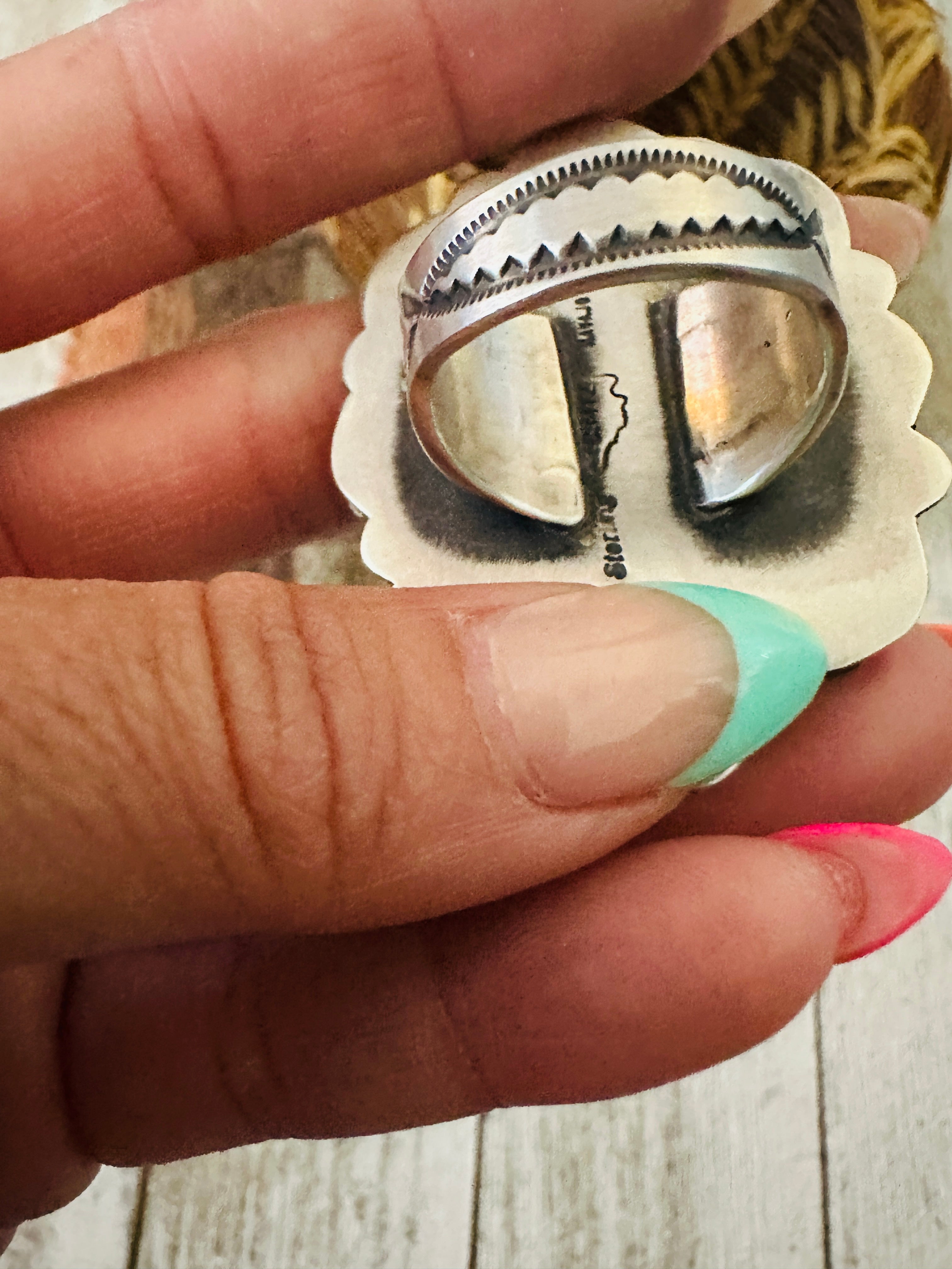 Handcrafted Birdseye Kingman Turquoise & Sterling Silver Flower Ring by Calvin Martinez, Size 9