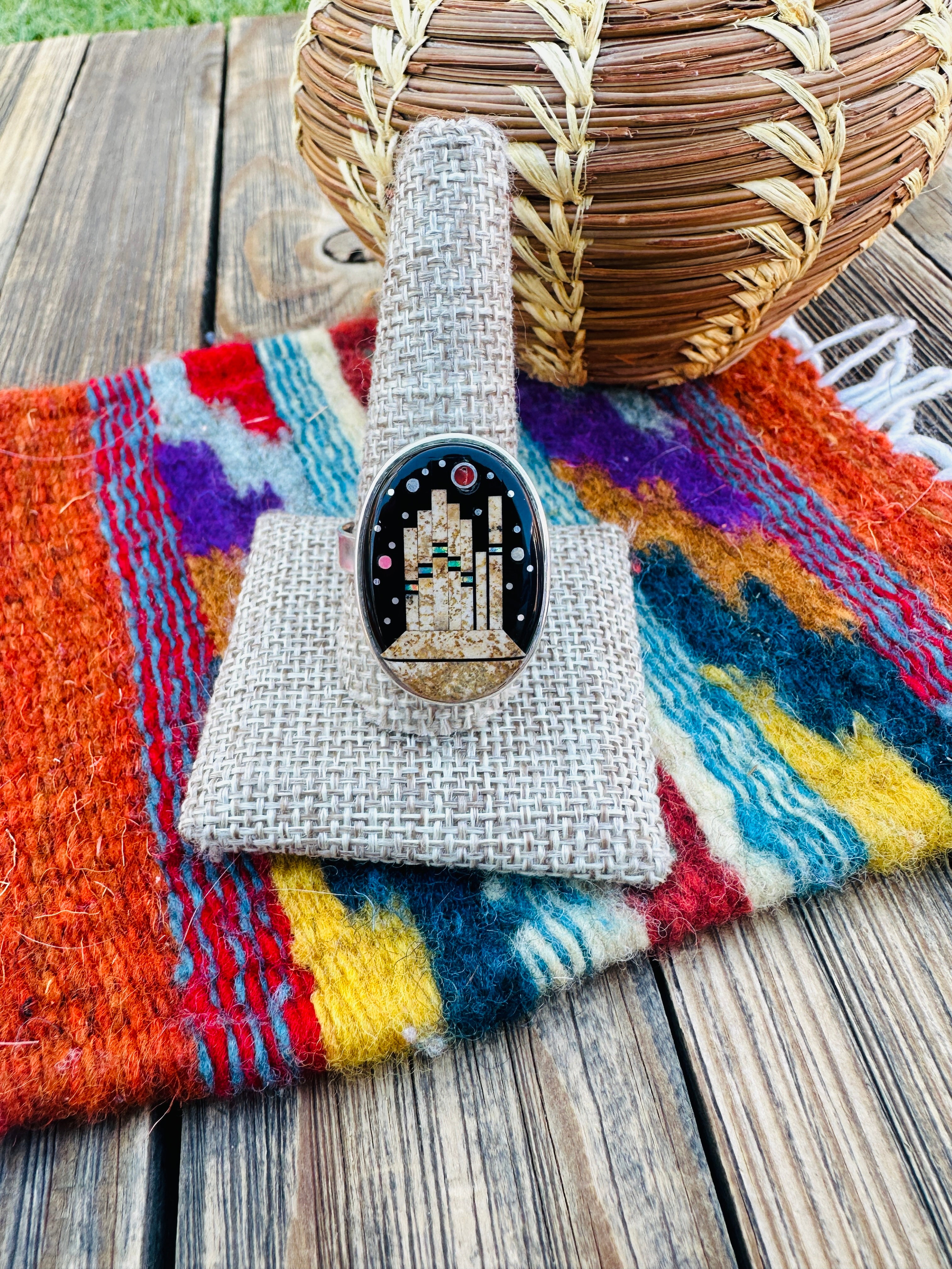 Handcrafted Multi Stone & Sterling Silver Inlay Adjustable Ring by Matthew Jack