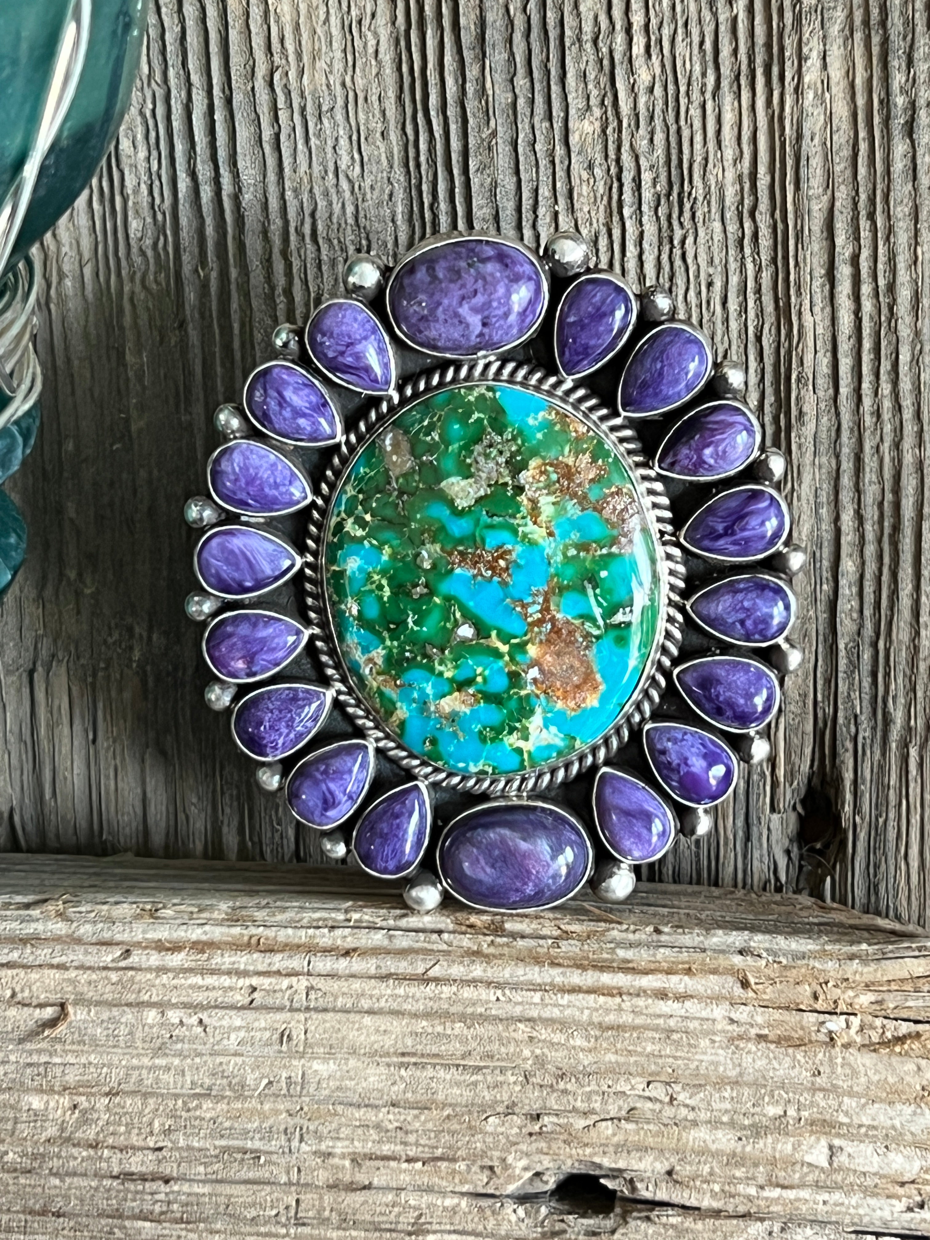 Handcrafted Sterling Silver, Sonoran Turquoise and Charoite Cluster Ring by Tyler Brown: Adjustable