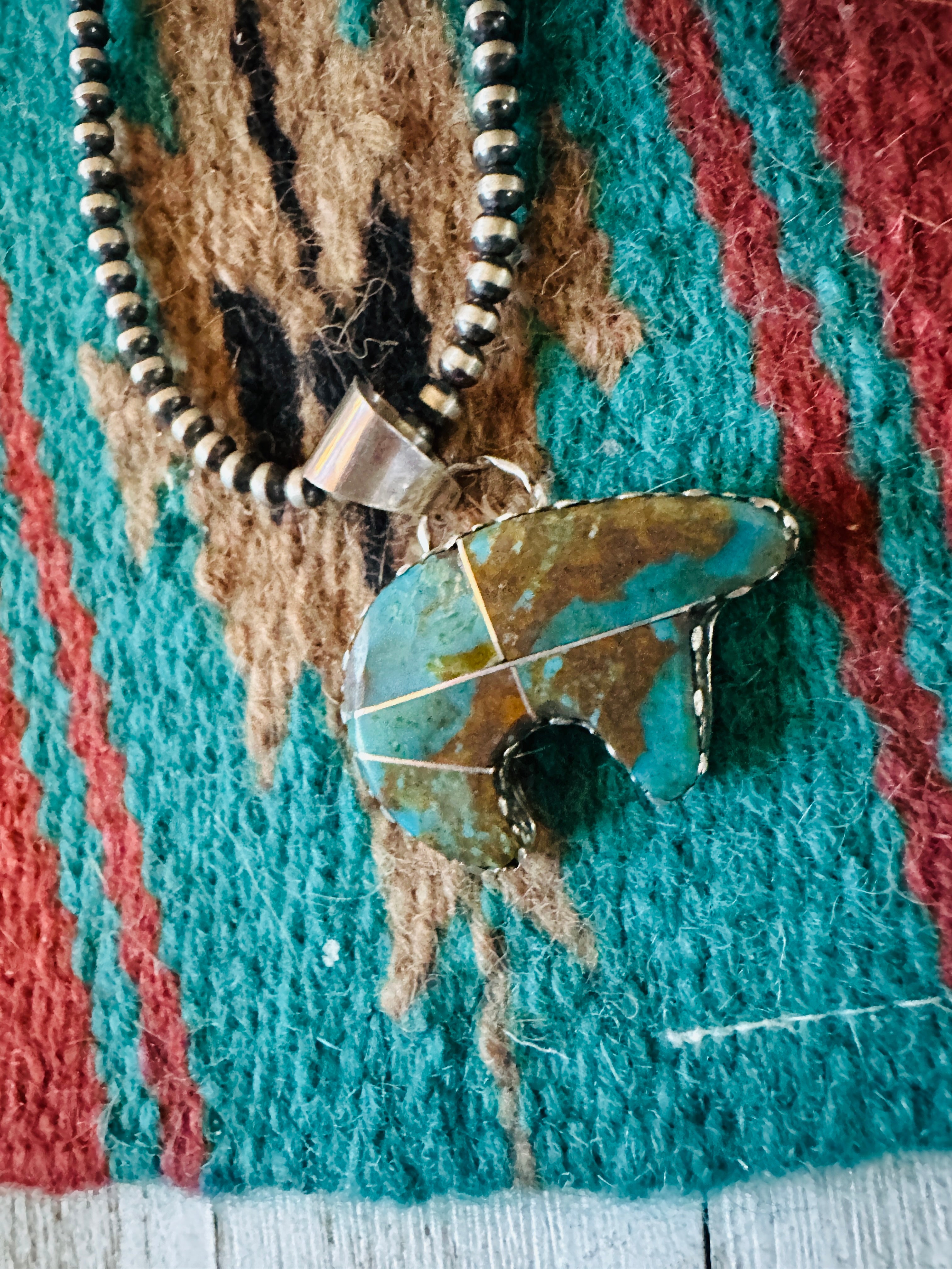 Handcrafted Turquoise & Sterling Silver Inlay Fetish Bear Pendant