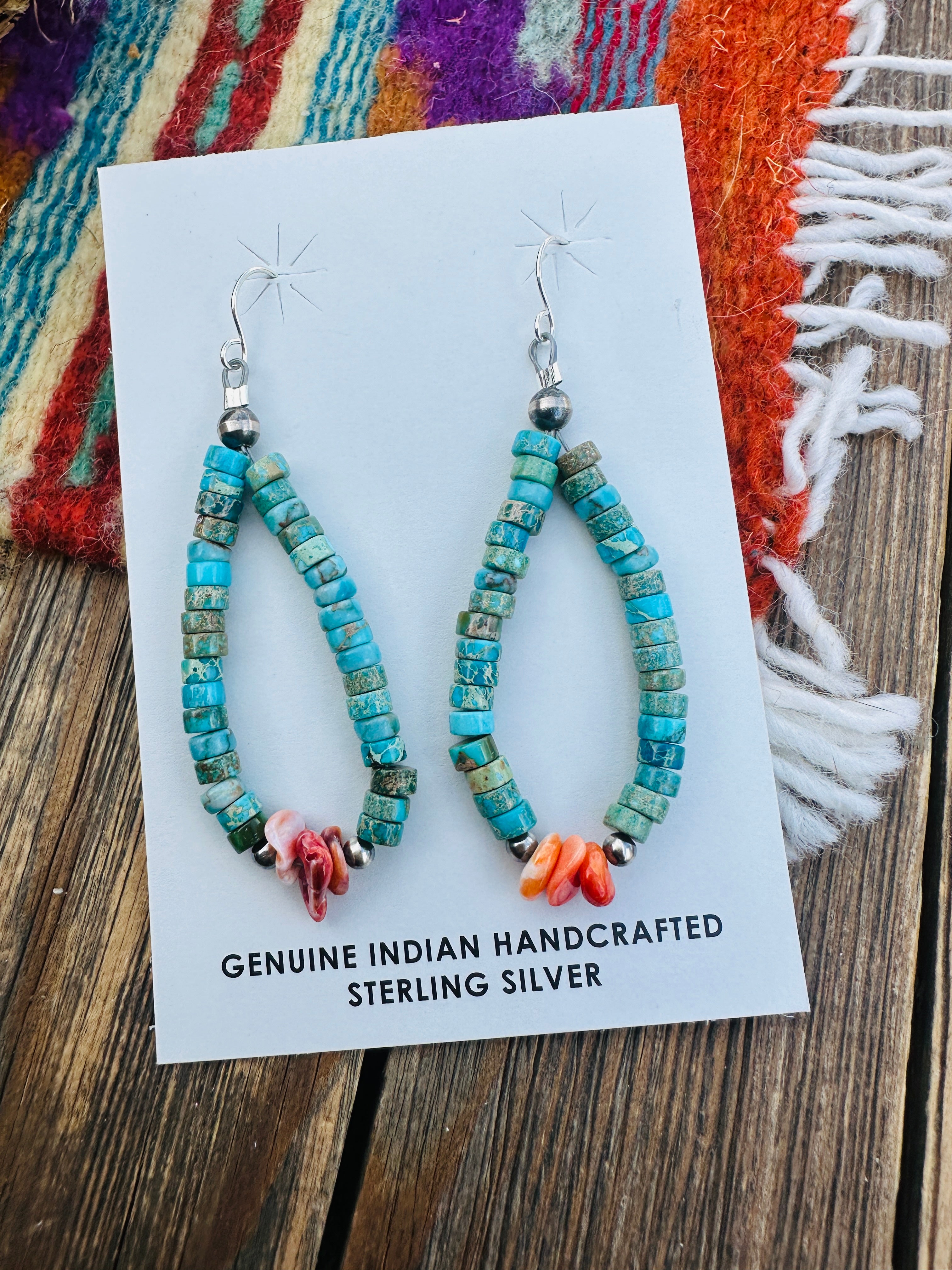 Handcrafted Turquoise, Orange Spiny & Sterling Silver Beaded Dangle Hoop Earrings