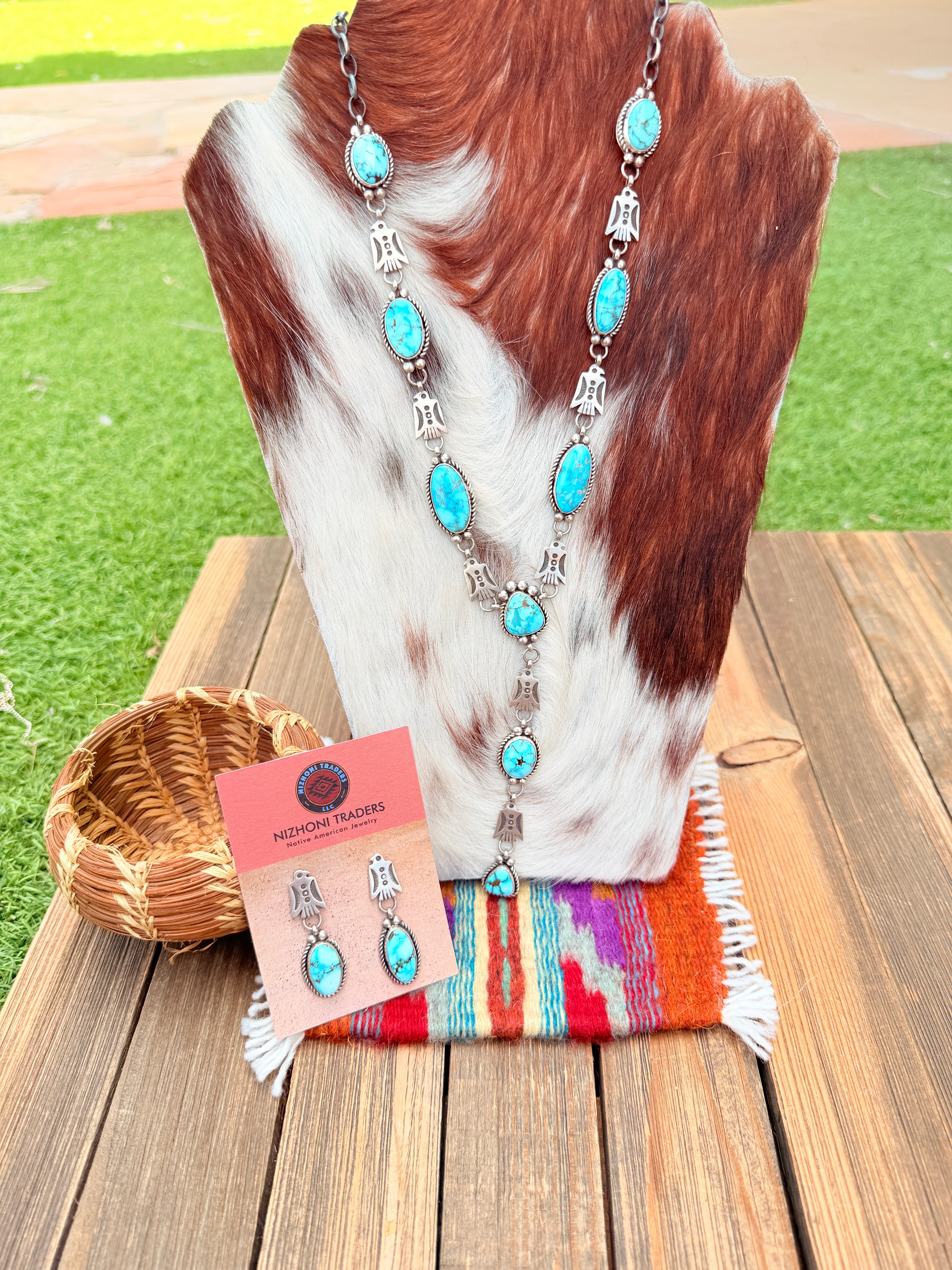 Handcrafted Turquoise & Sterling Silver Thunderbird Necklace and Earring Set by Fred Francis