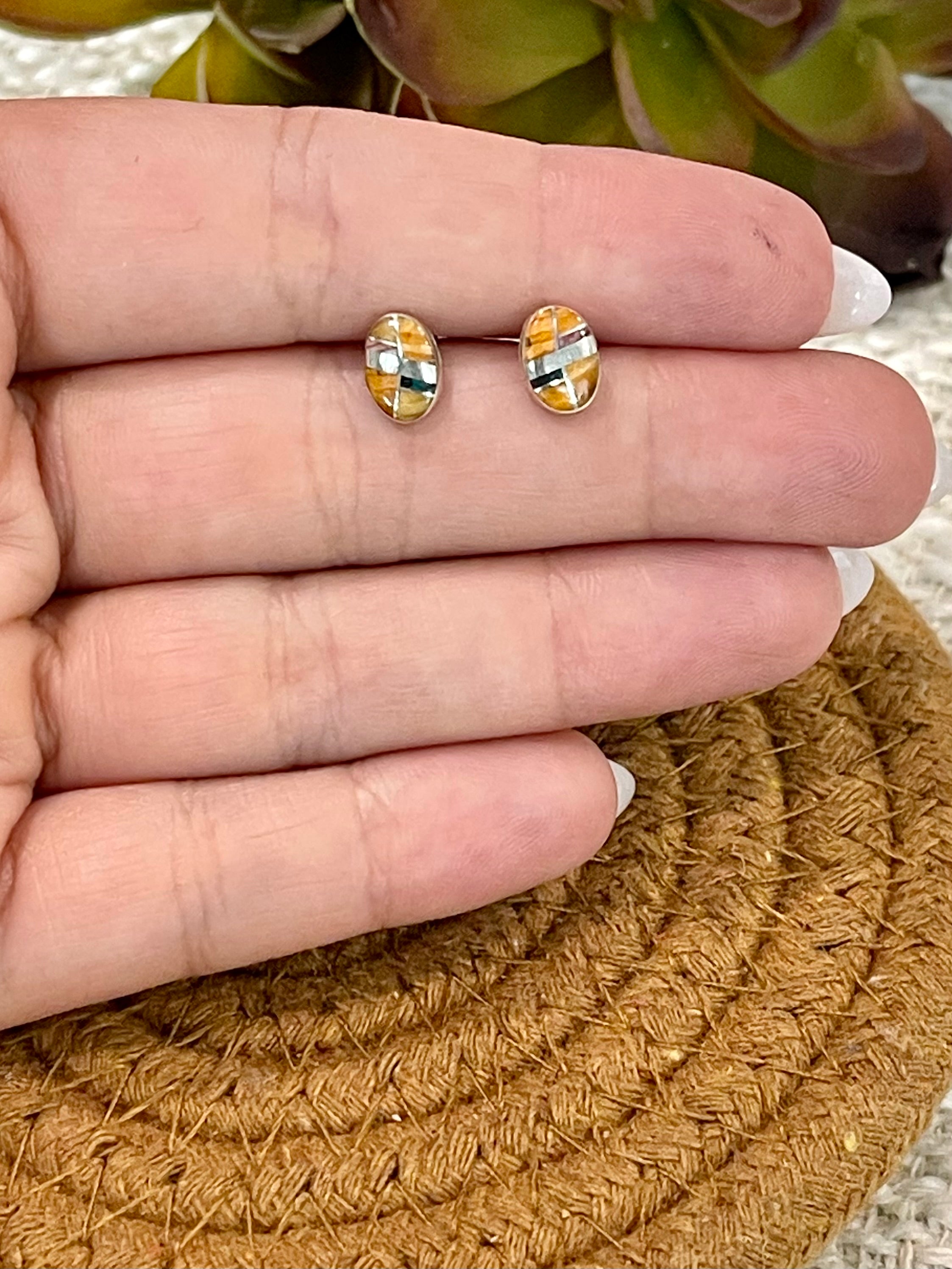 Beautiful Handmade Sterling Silver & Multi Stone Inlay Stud Earrings