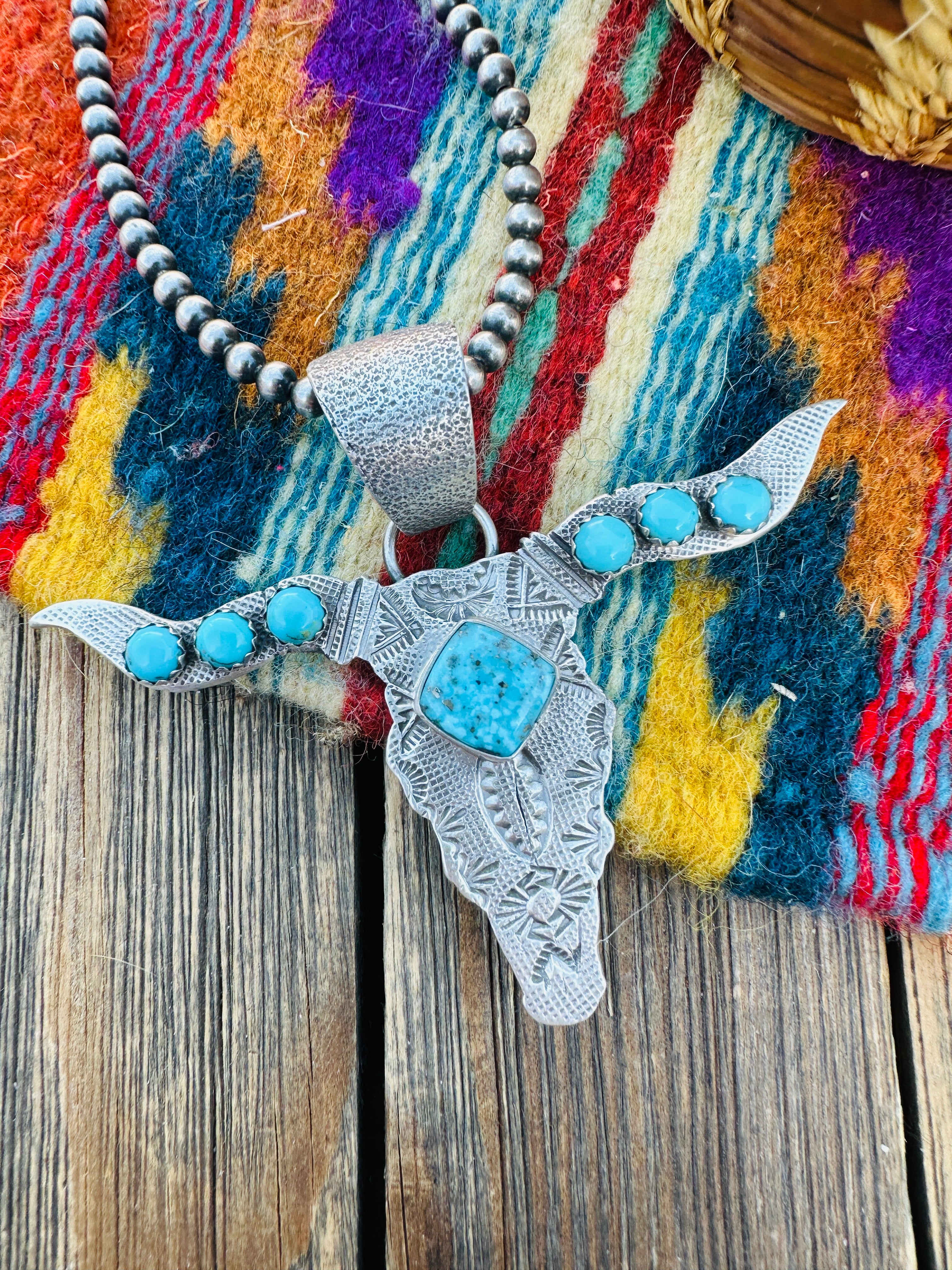 Handcrafted Sterling Silver & Turquoise Bullhead Pendant by Leroy James