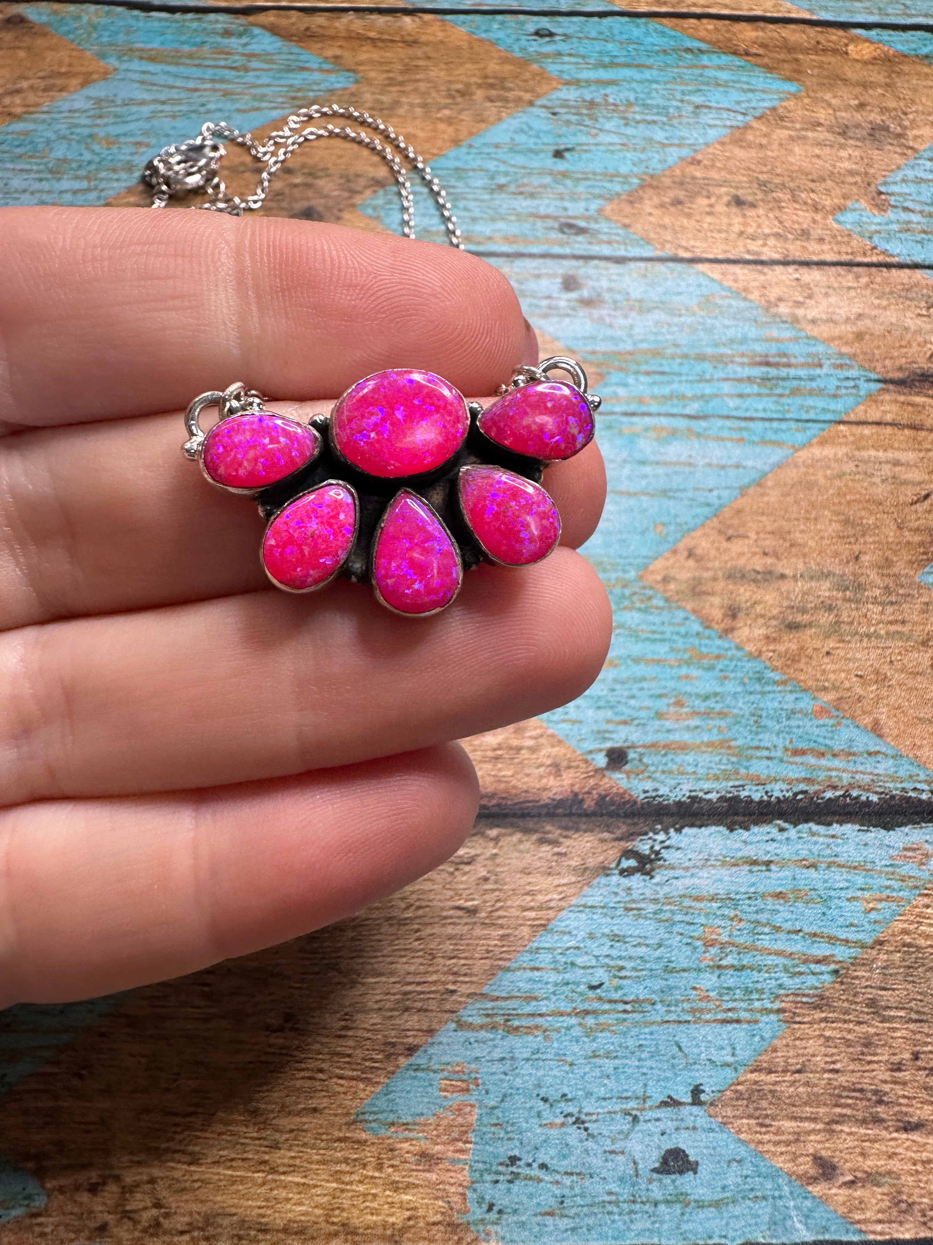 Handmade Sterling Silver & Hot Pink Fire Opal Crescent Necklace