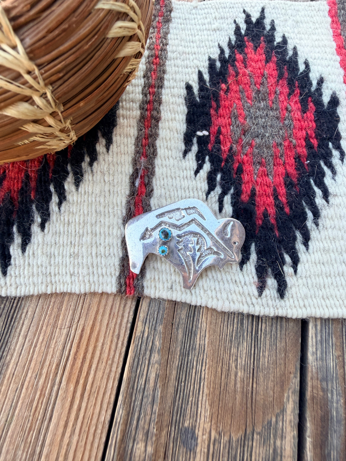 Old Pawn Handcrafted Turquoise & Sterling Silver Fetish Buffalo Brooch