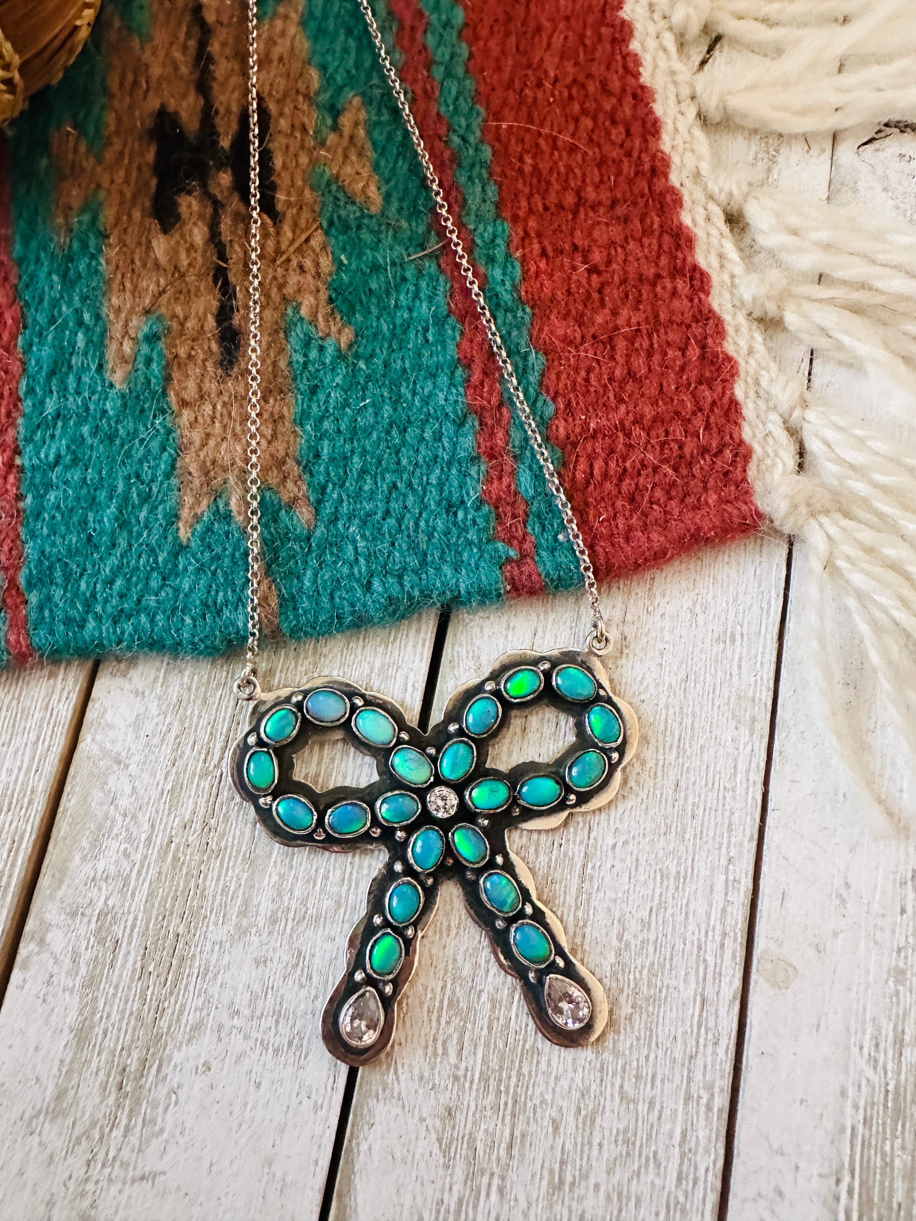 ** Christmas Collection ** Handmade Sterling Silver, Synthetic Opal & CZ Bow Necklace Signed Nizhoni
