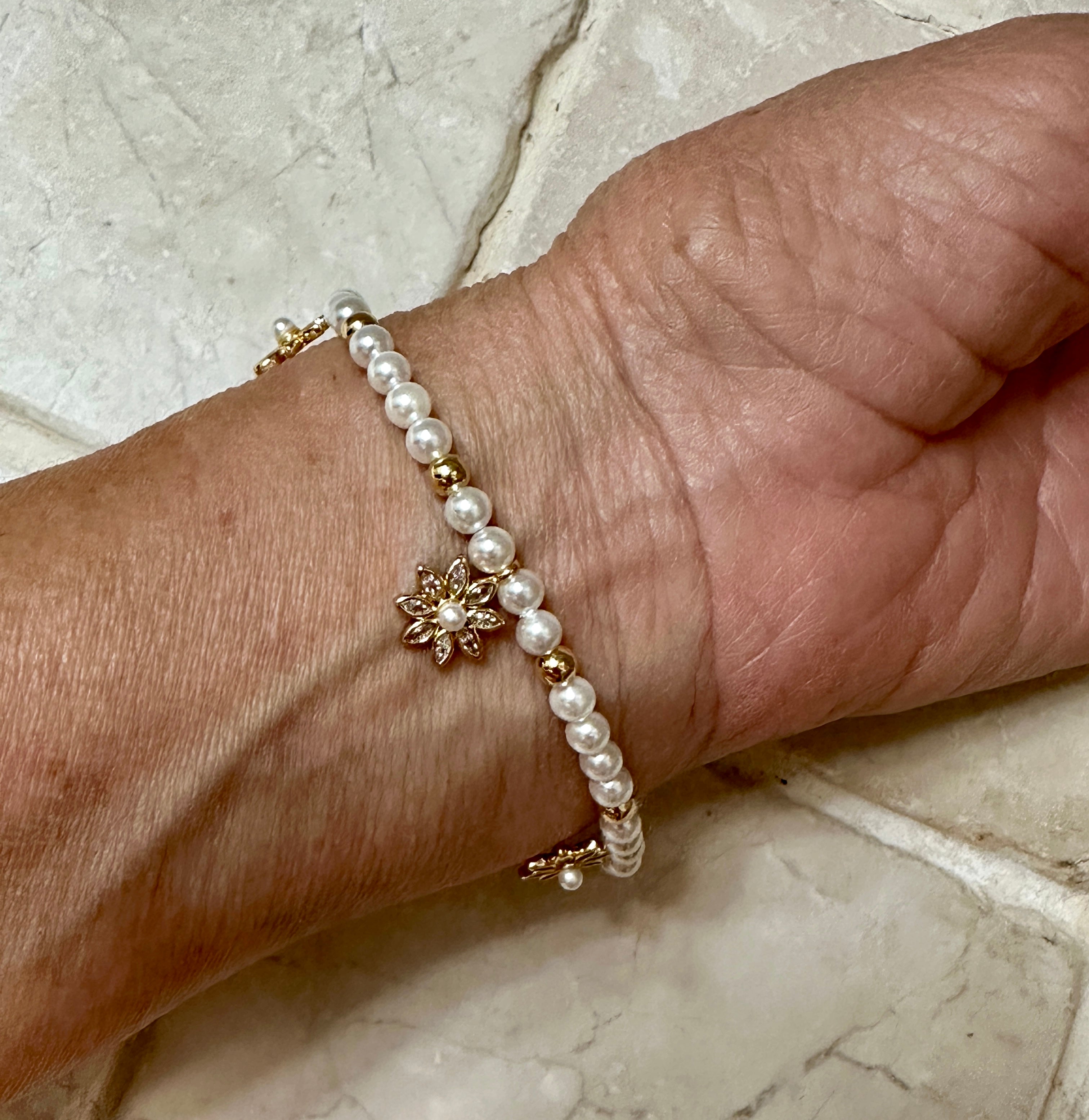 Esti Pearl & CZ Blossom Beaded Bracelet 14k Gold