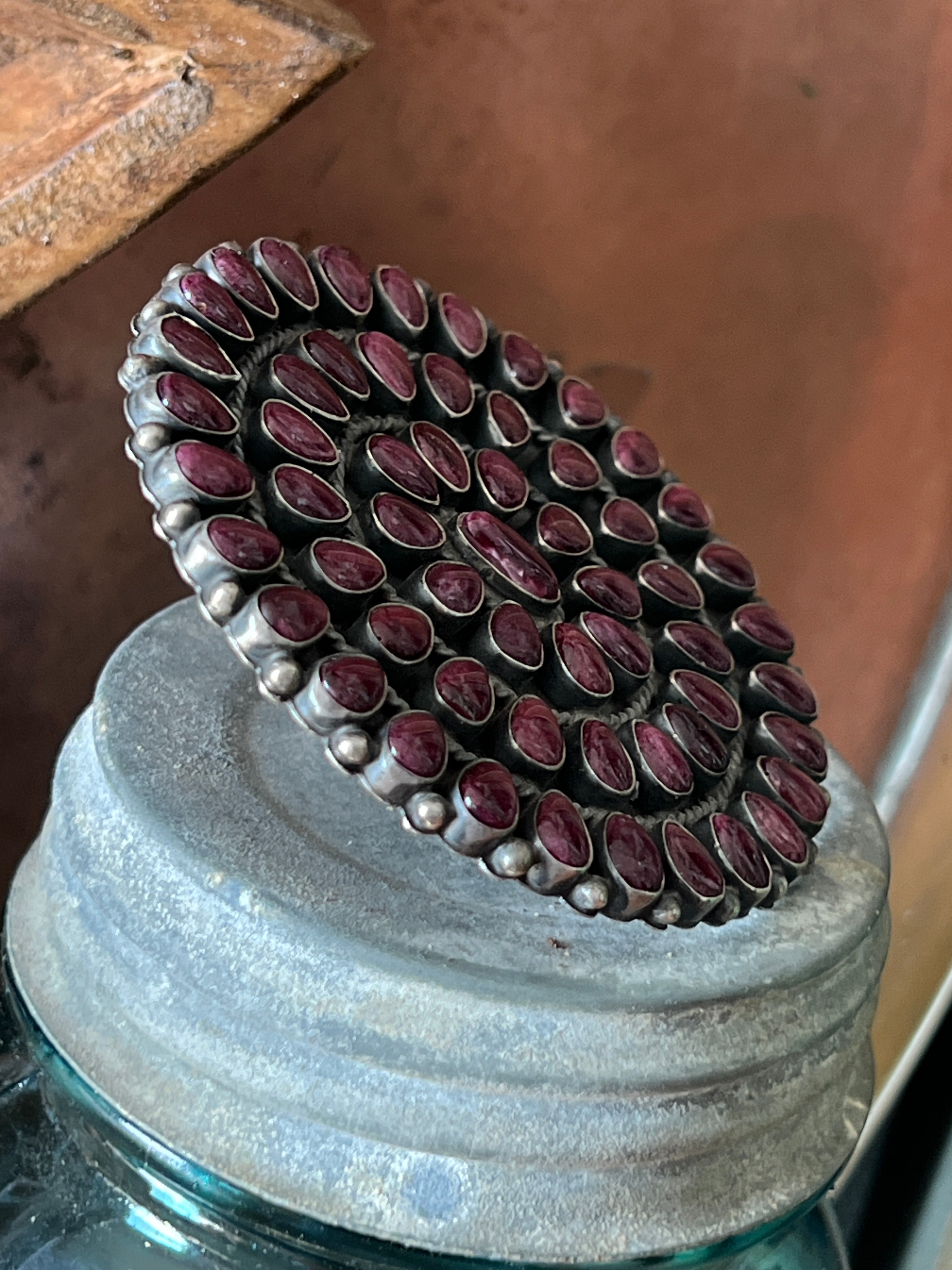 Handcrafted Sterling Silver and Purple Spiny Oyster Cluster Ring by Anthony Skeets, Size 7