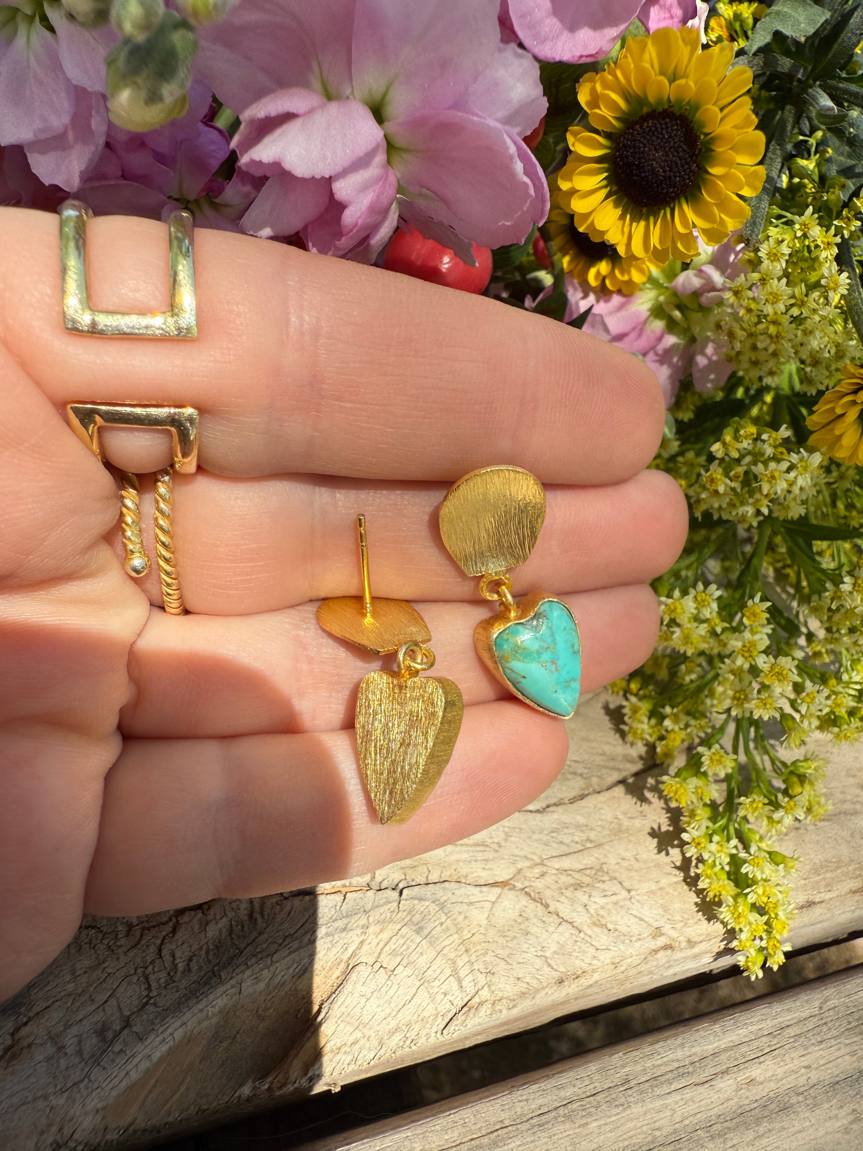 “The Golden Collection” Handmade Gold Plated Natural Turquoise Heart Dangle Earrings