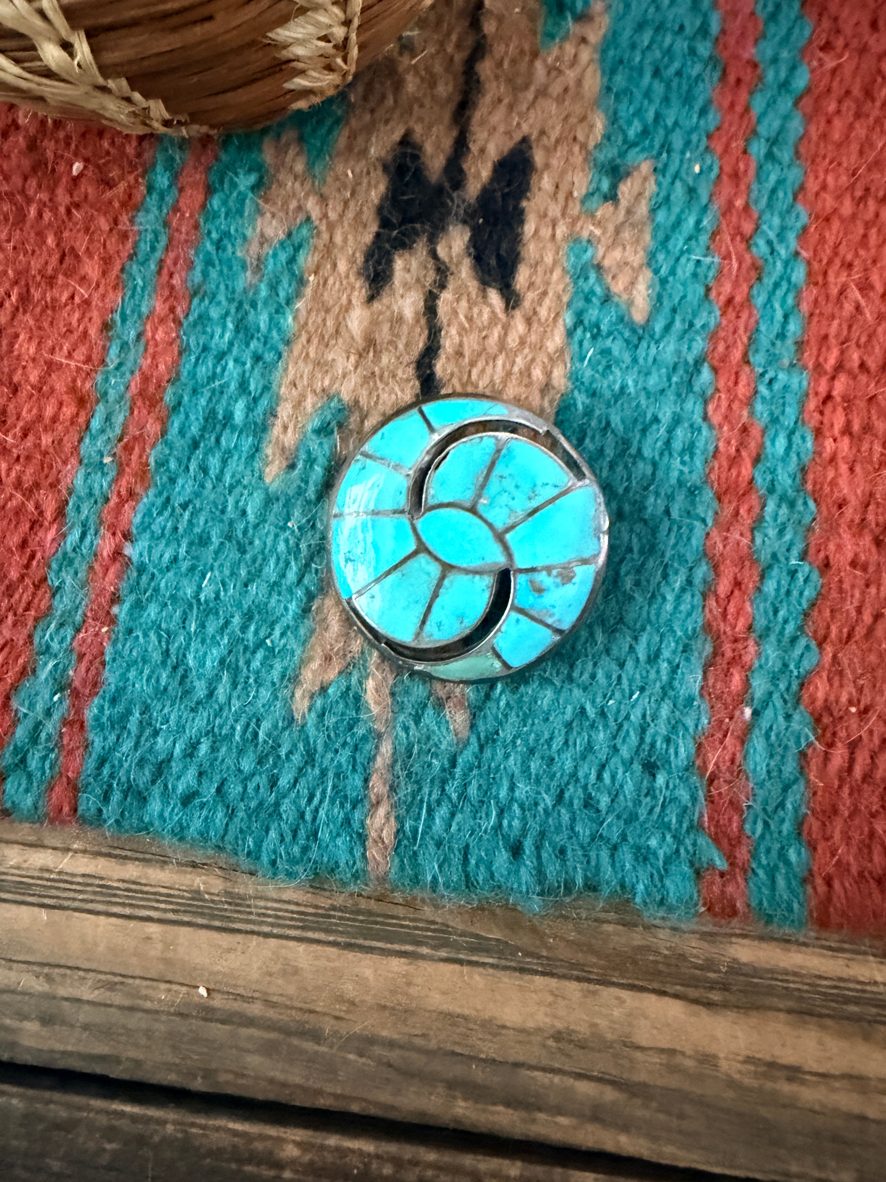 Old Pawn Handcrafted Turquoise and Sterling Silver Inlay Brooch