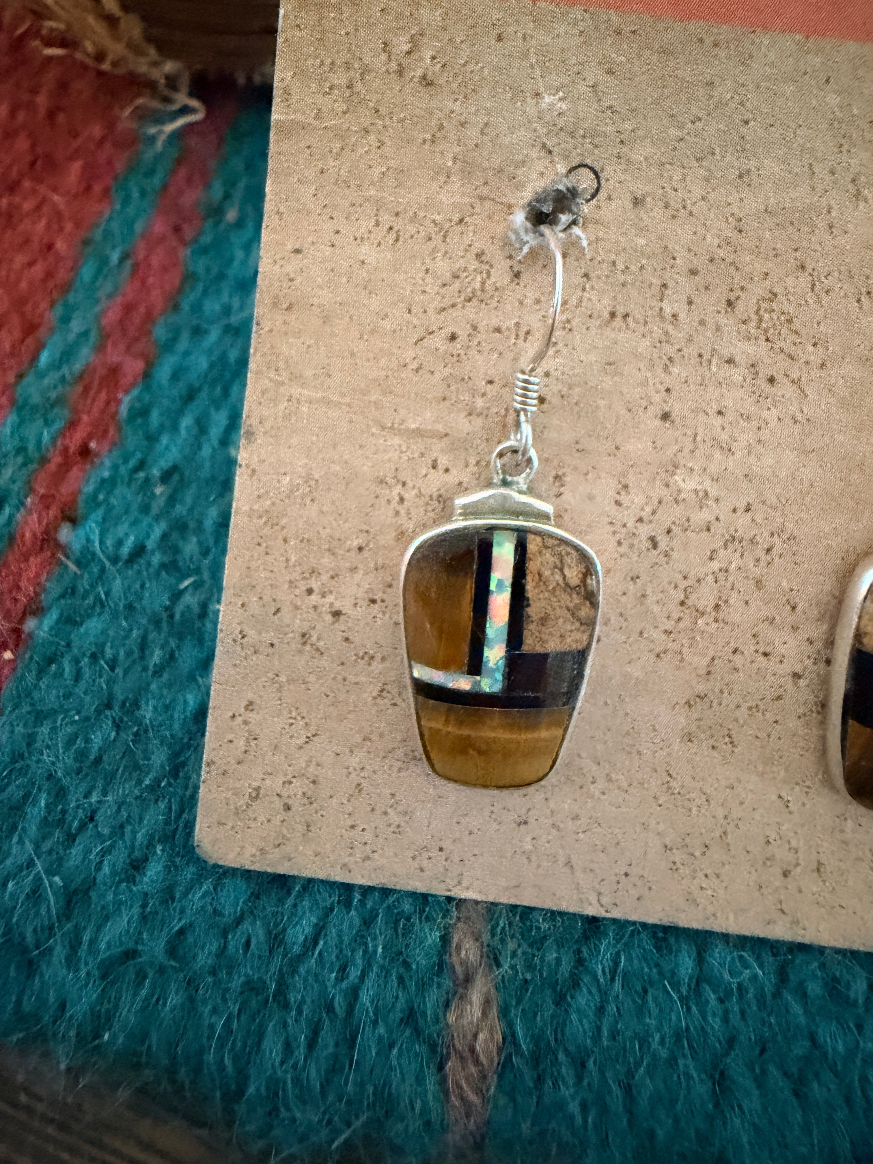 Old Pawn Handcrafted Sterling Silver & Multi Stone Inlay Dangle Earrings
