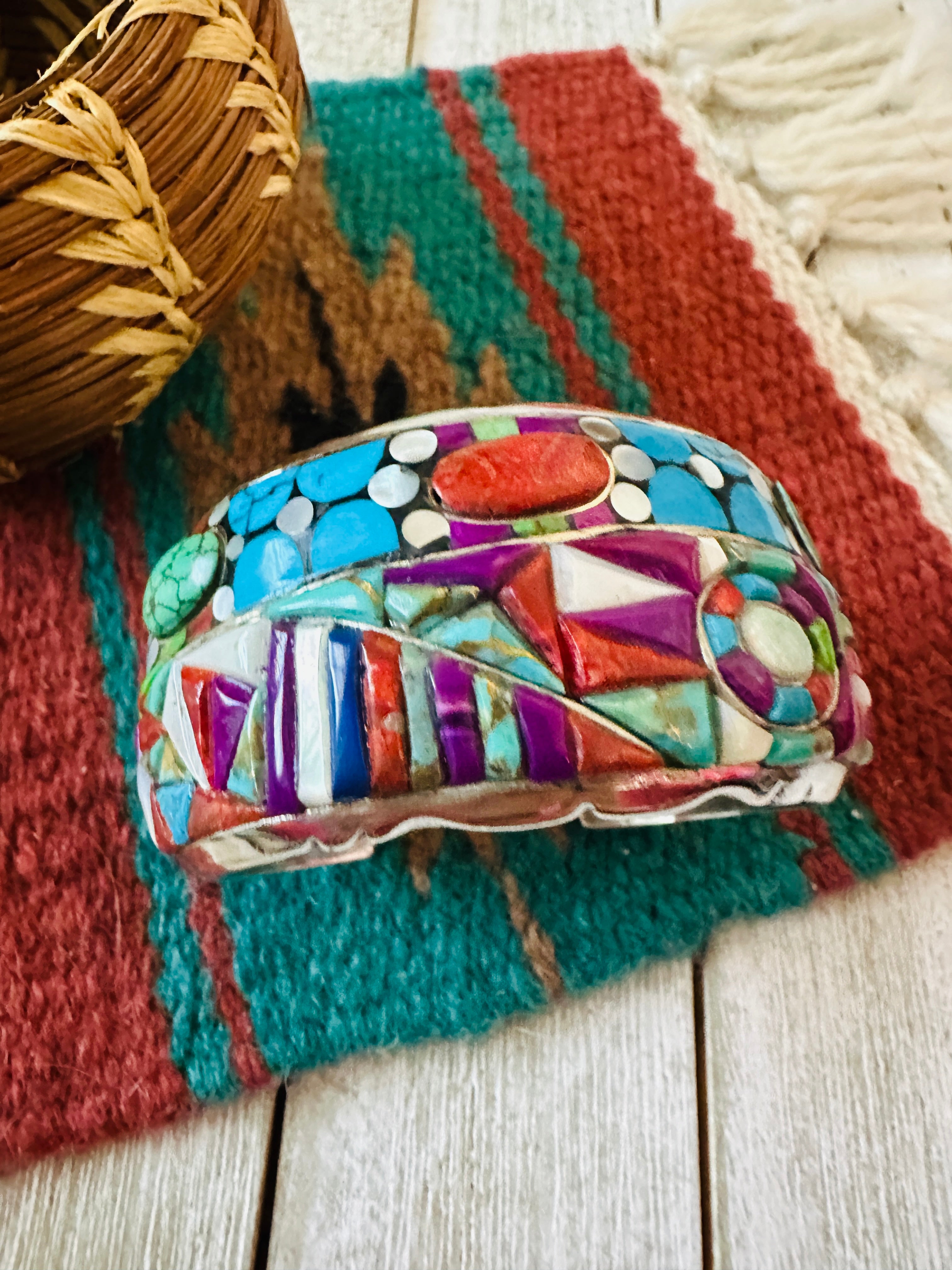 Handmade Sterling Silver Multi Stone Inlay Cuff