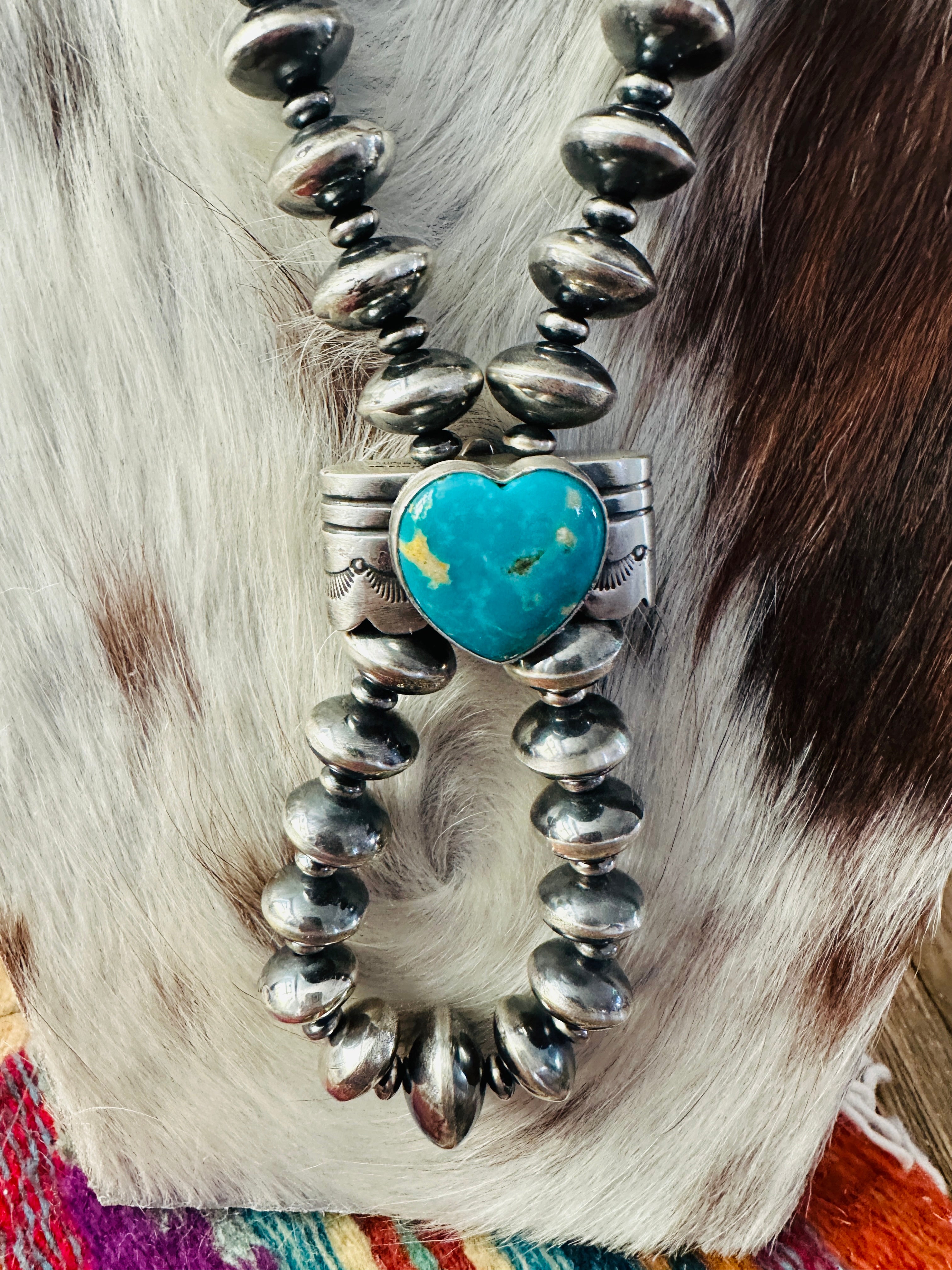 Handcrafted Turquoise & Sterling Silver Beaded Double Sided Jacla Necklace