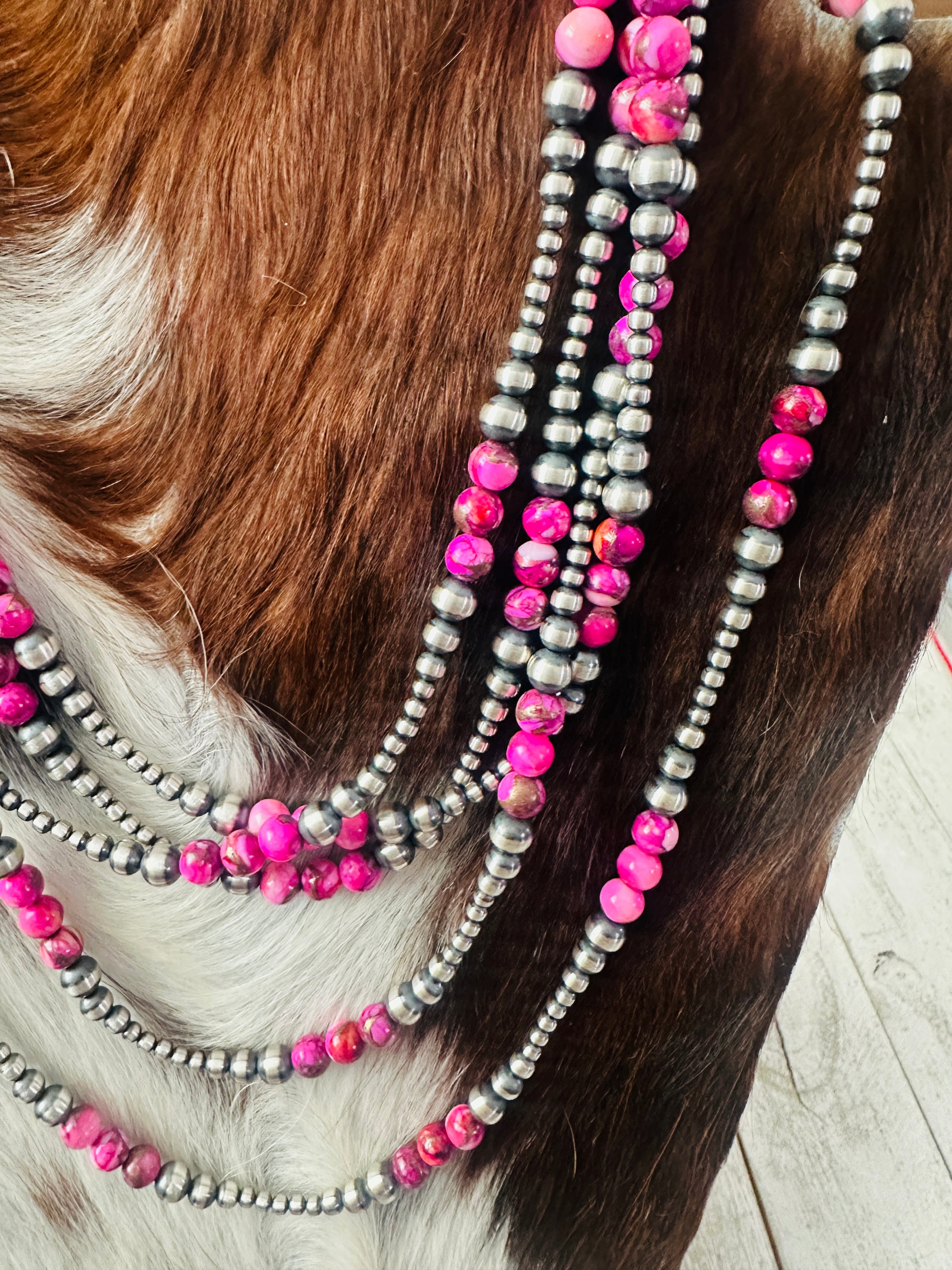 Handcrafted Sterling Silver & Pink Mojave Beaded Necklace