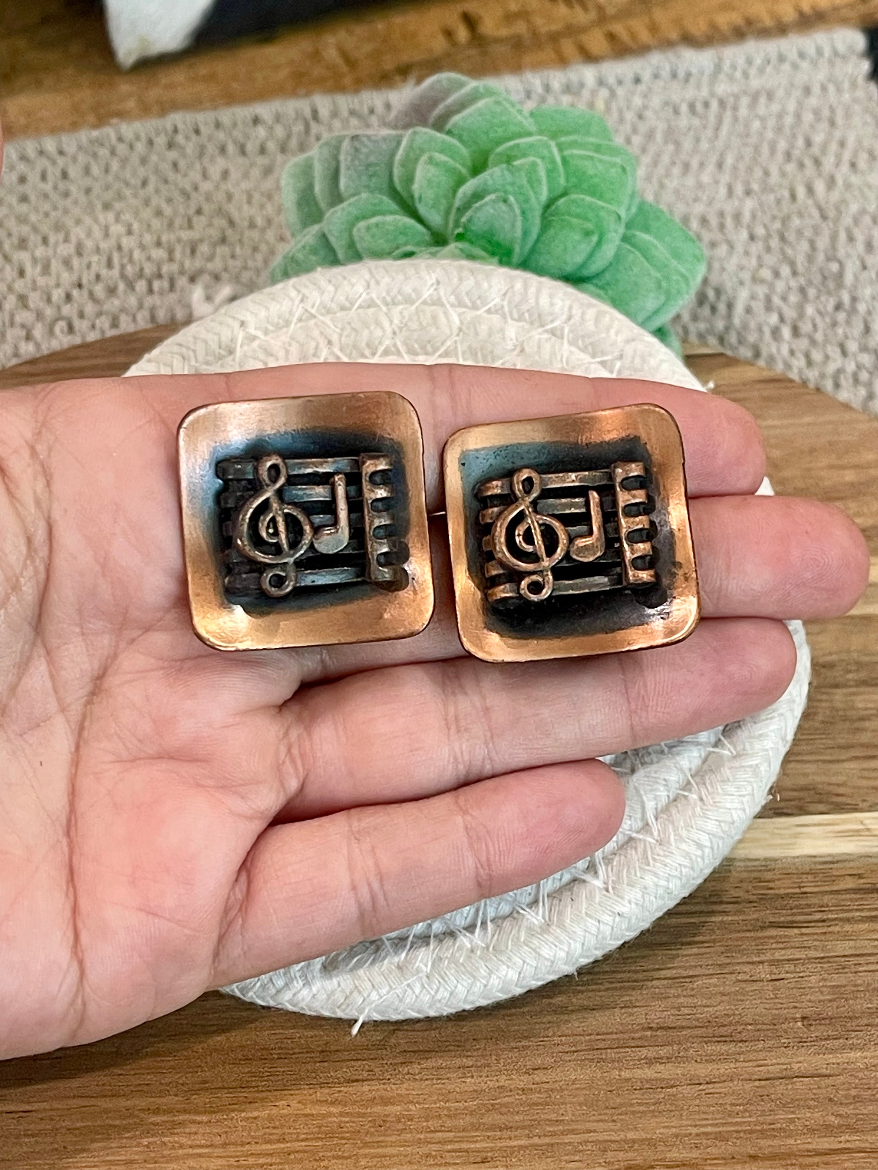 Vintage Handmade Copper Clip On Music Note Earrings