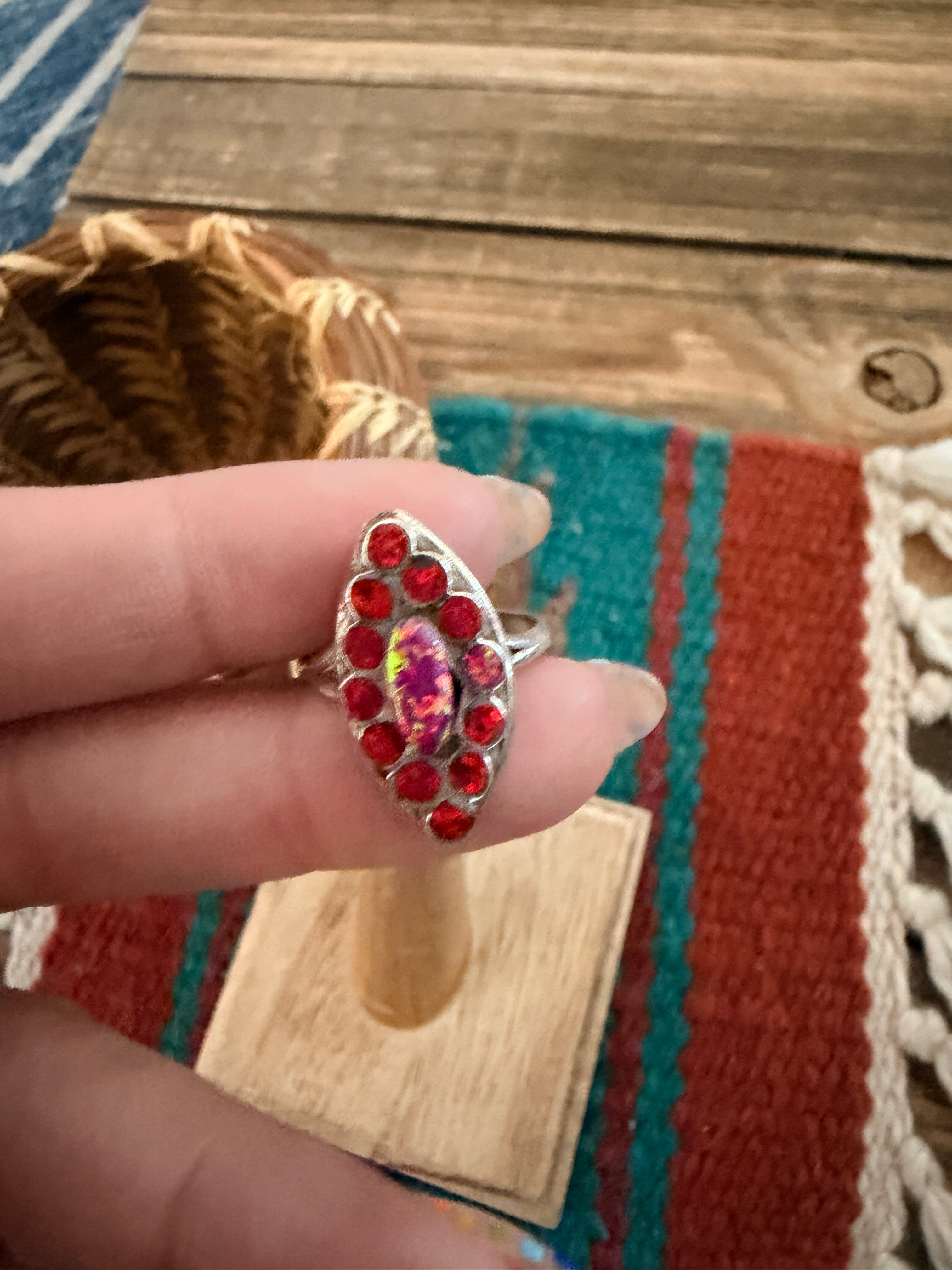 Handcrafted Red Opal & Sterling Silver Ring Size 6.75
