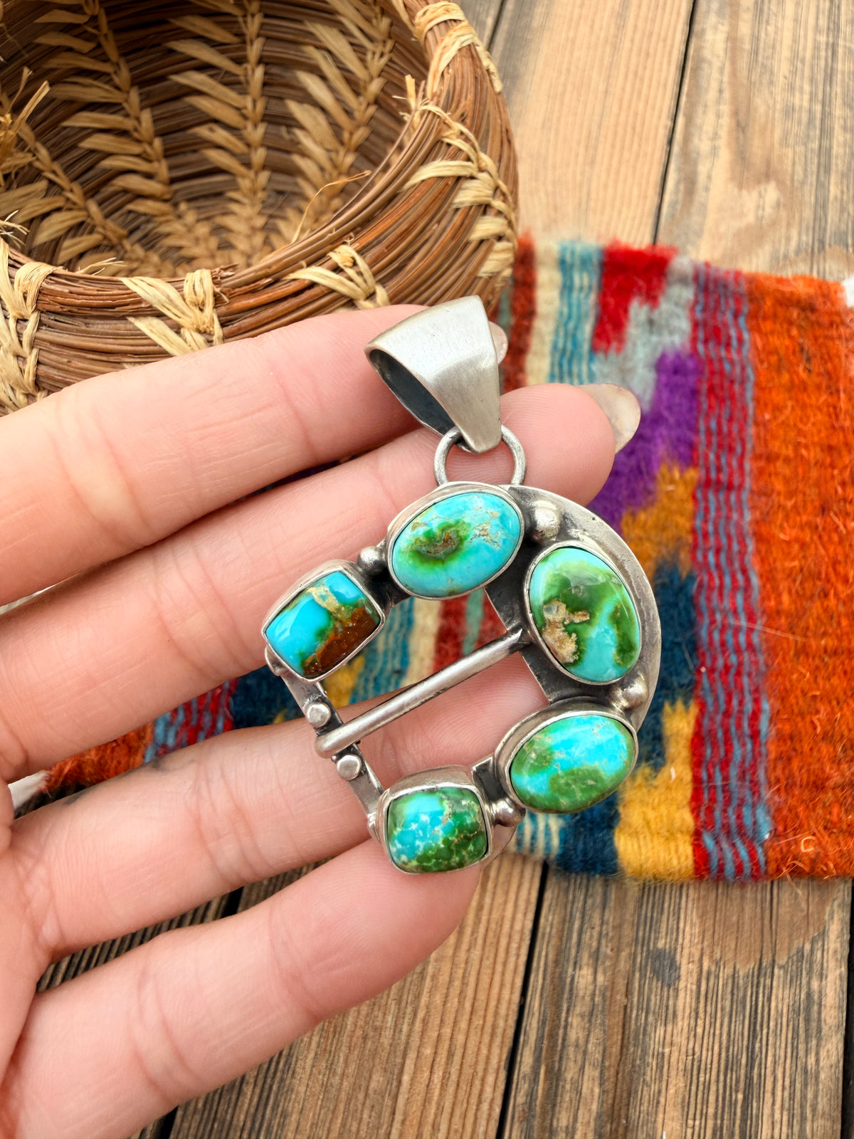 Handcrafted Sterling Silver & Turquoise Belt Buckle Pendant by Russell Sam