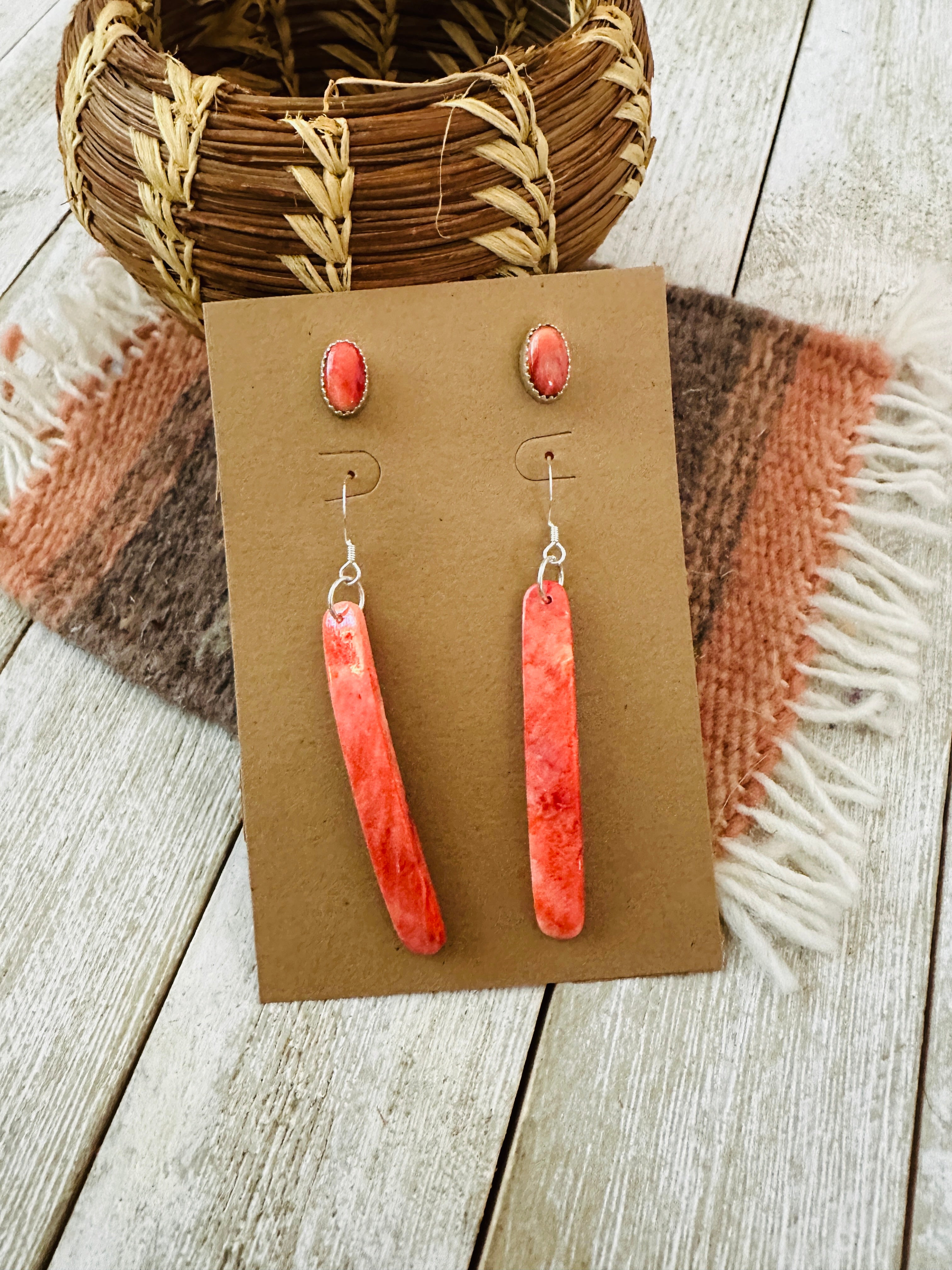 Handcrafted Orange Spiny Slab Dangle & Stud Earring Set