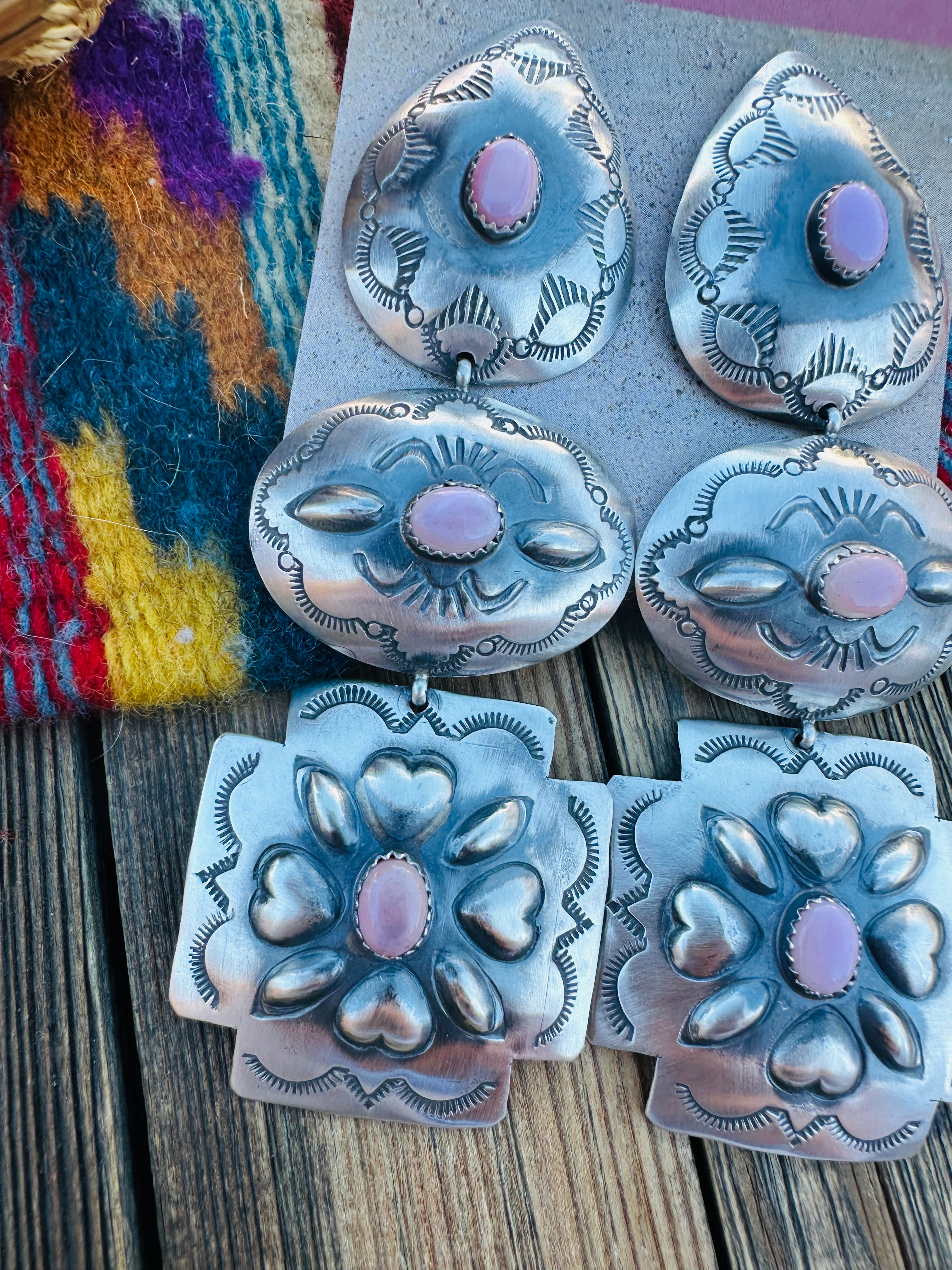 Handcrafted Queen Pink Conch & Sterling Silver Concho Dangle Earrings