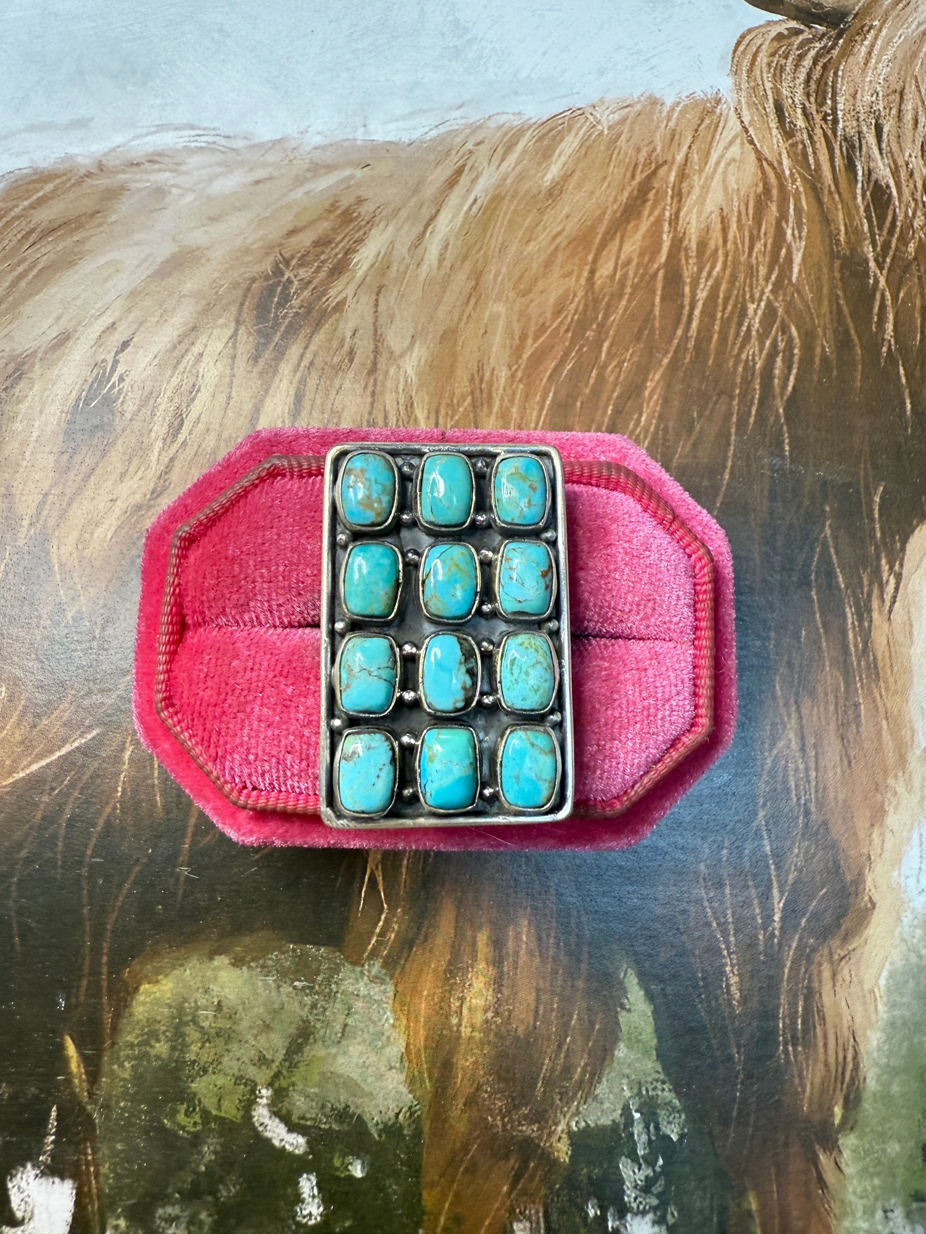 Handmade Kingman Turquoise And Sterling Silver Adjustable 12 Stone Ring