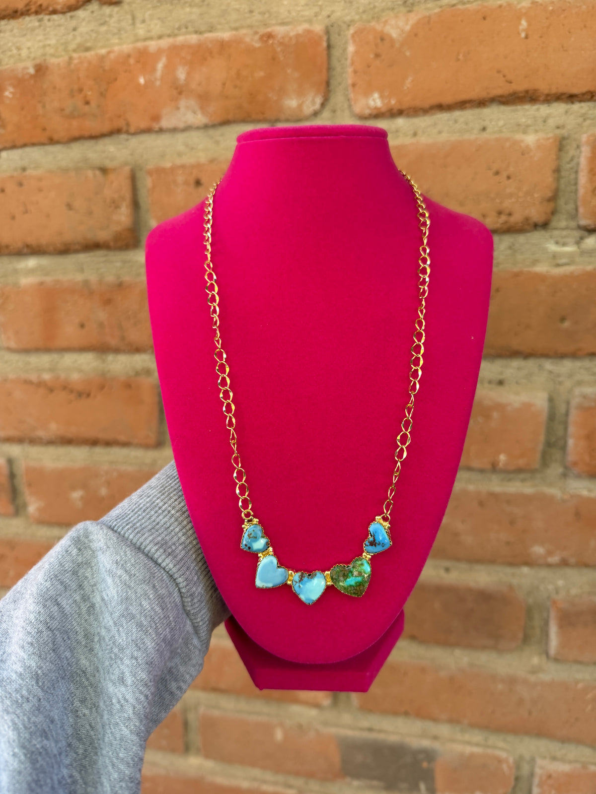 “The Golden Collection” Handmade Natural Golden Hills, Sonoran Turquoise Gold Plated Necklace STYLE 3 hearts