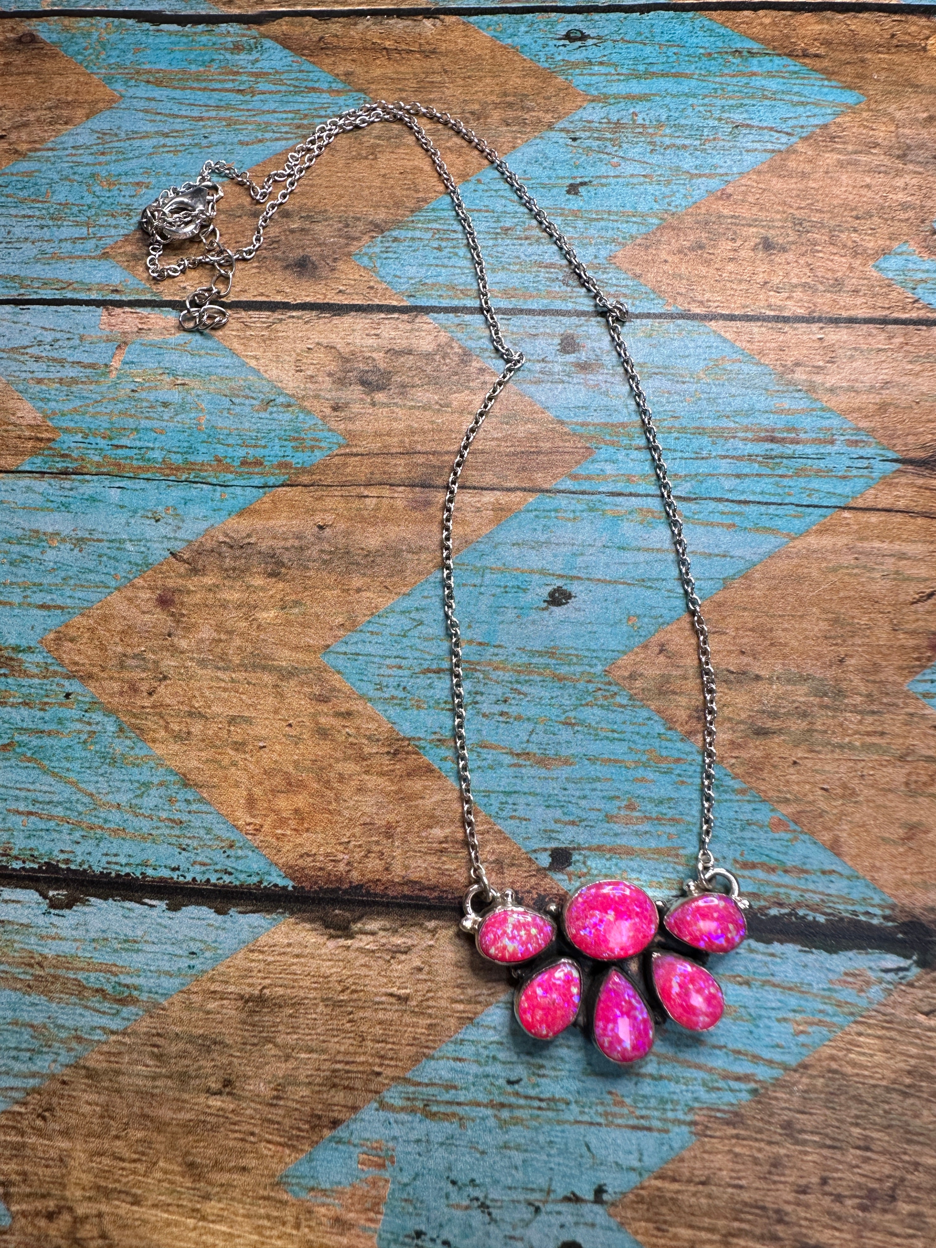 Handmade Sterling Silver & Hot Pink Fire Opal Crescent Necklace