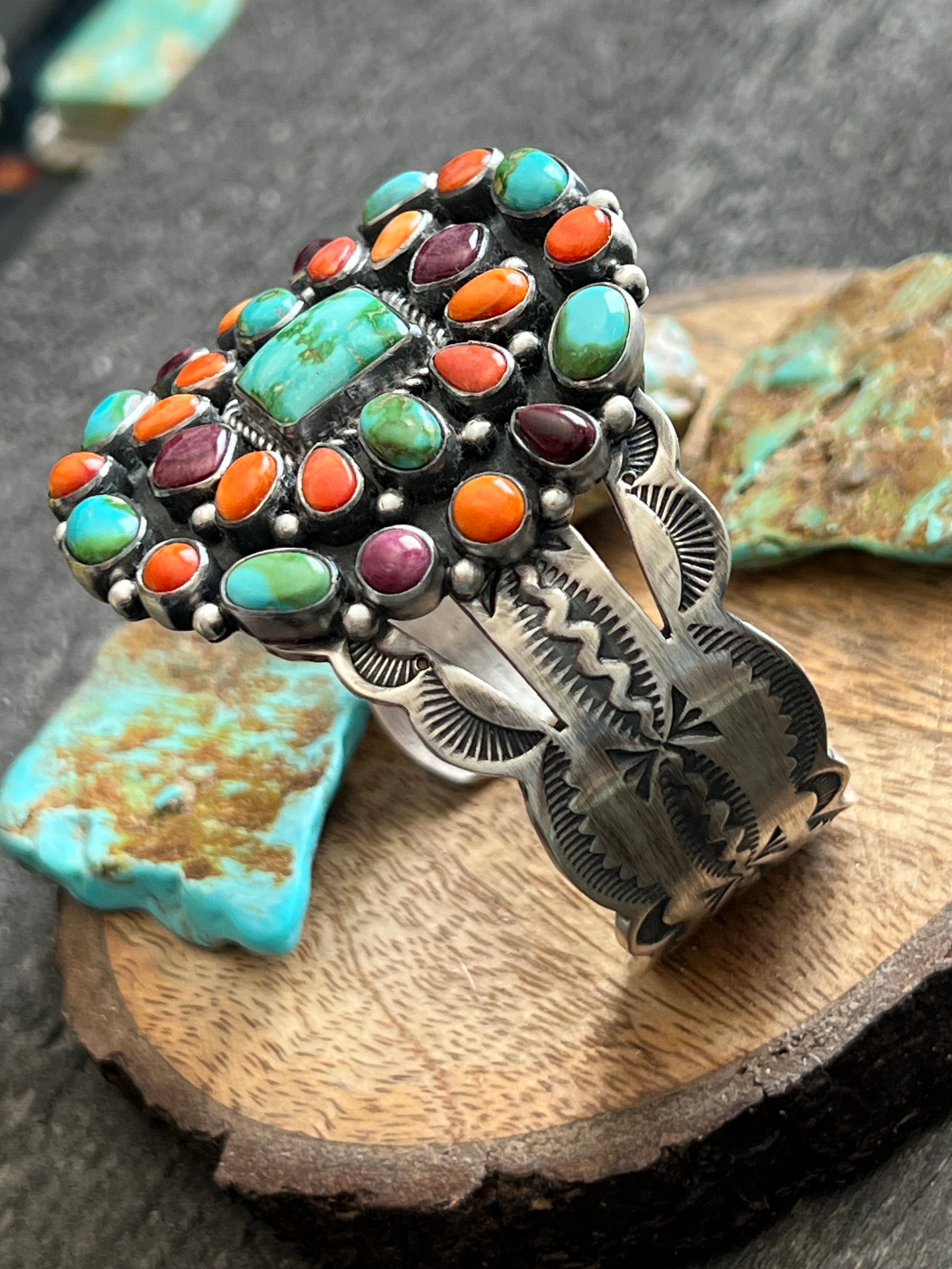 Handcrafted Sterling Silver Electric Rainbow Sonoran Turquoise and Spiny Oyster Cluster Cuff Bracelet by Murphy Platero