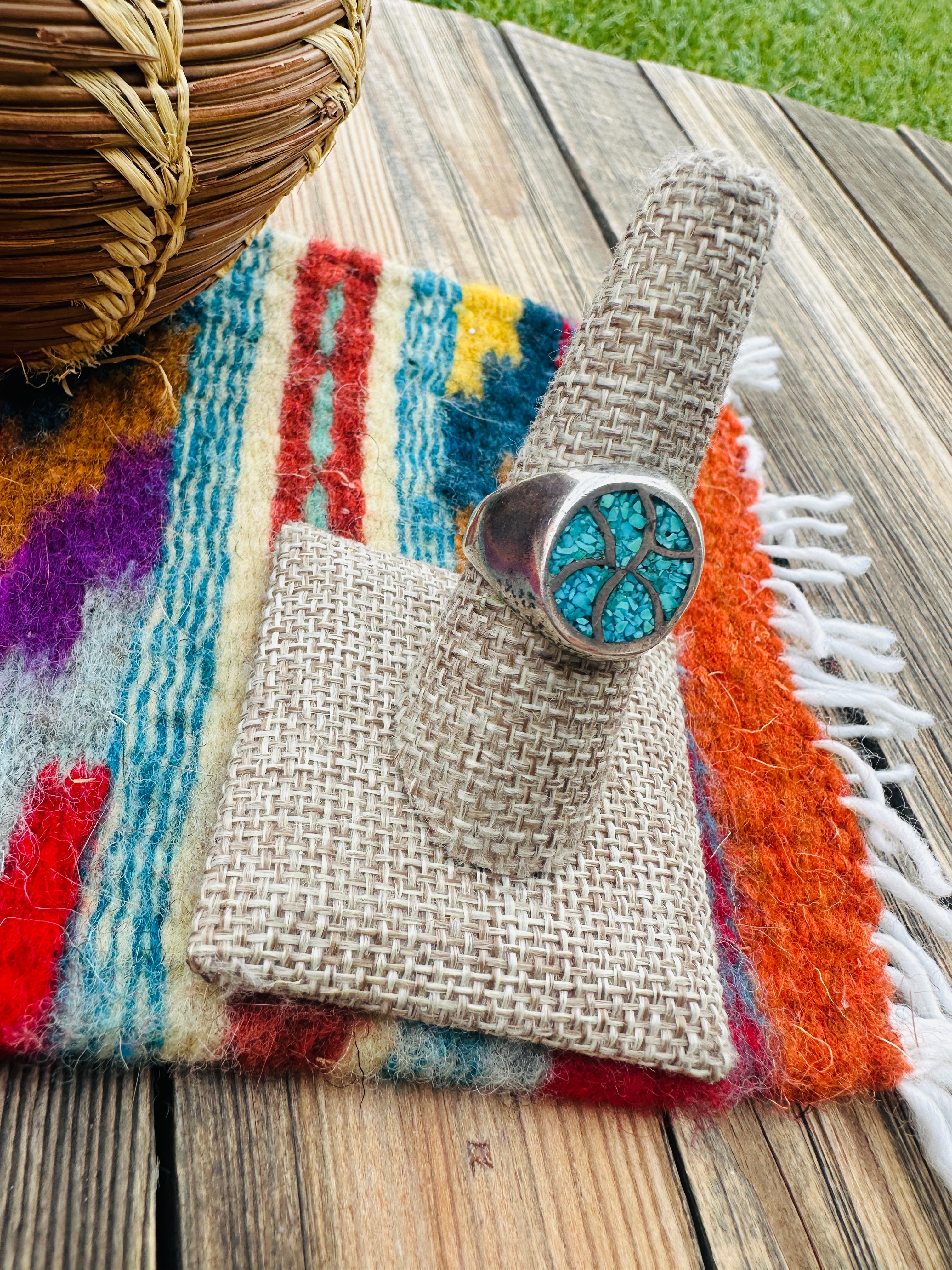 Old Pawn Handcrafted Turquoise & Sterling Silver Inlay Ring Size 8.5