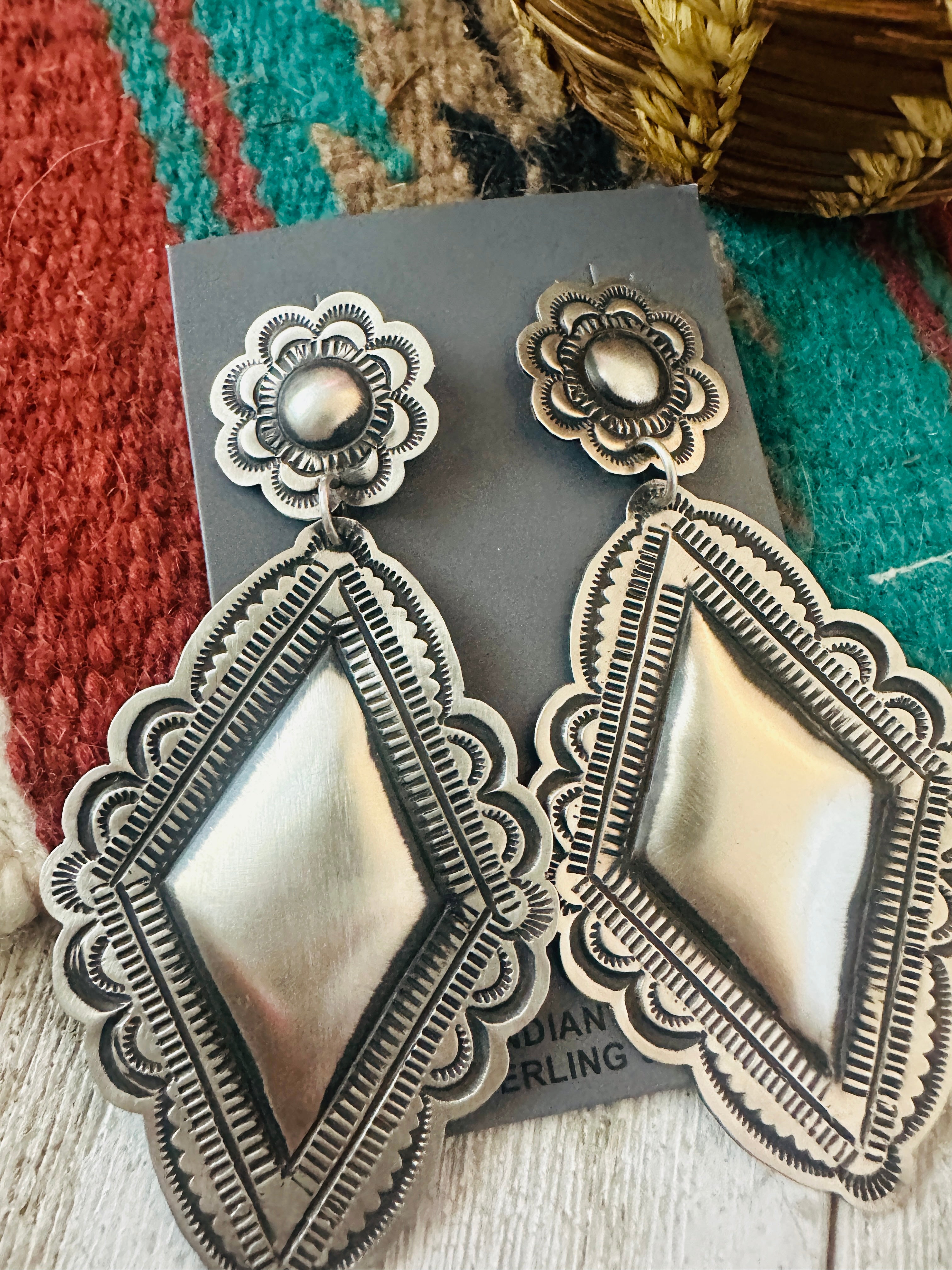 Handcrafted Sterling Silver Concho Dangle Earrings by Leander Tahe